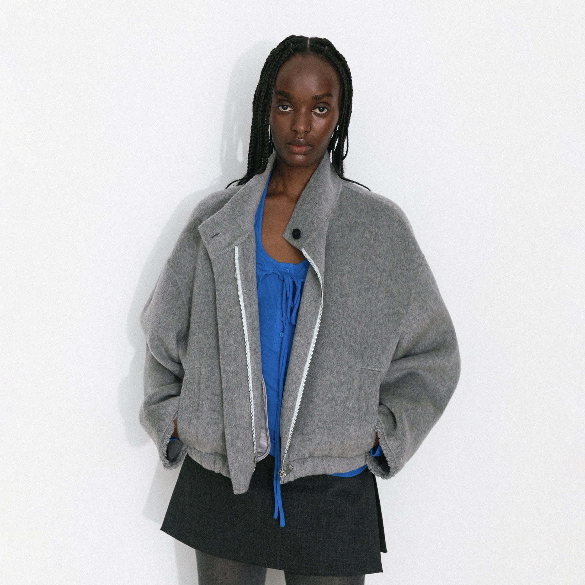 Cocoon Zip-Up Jacket with Raw Edge Cuffs-3