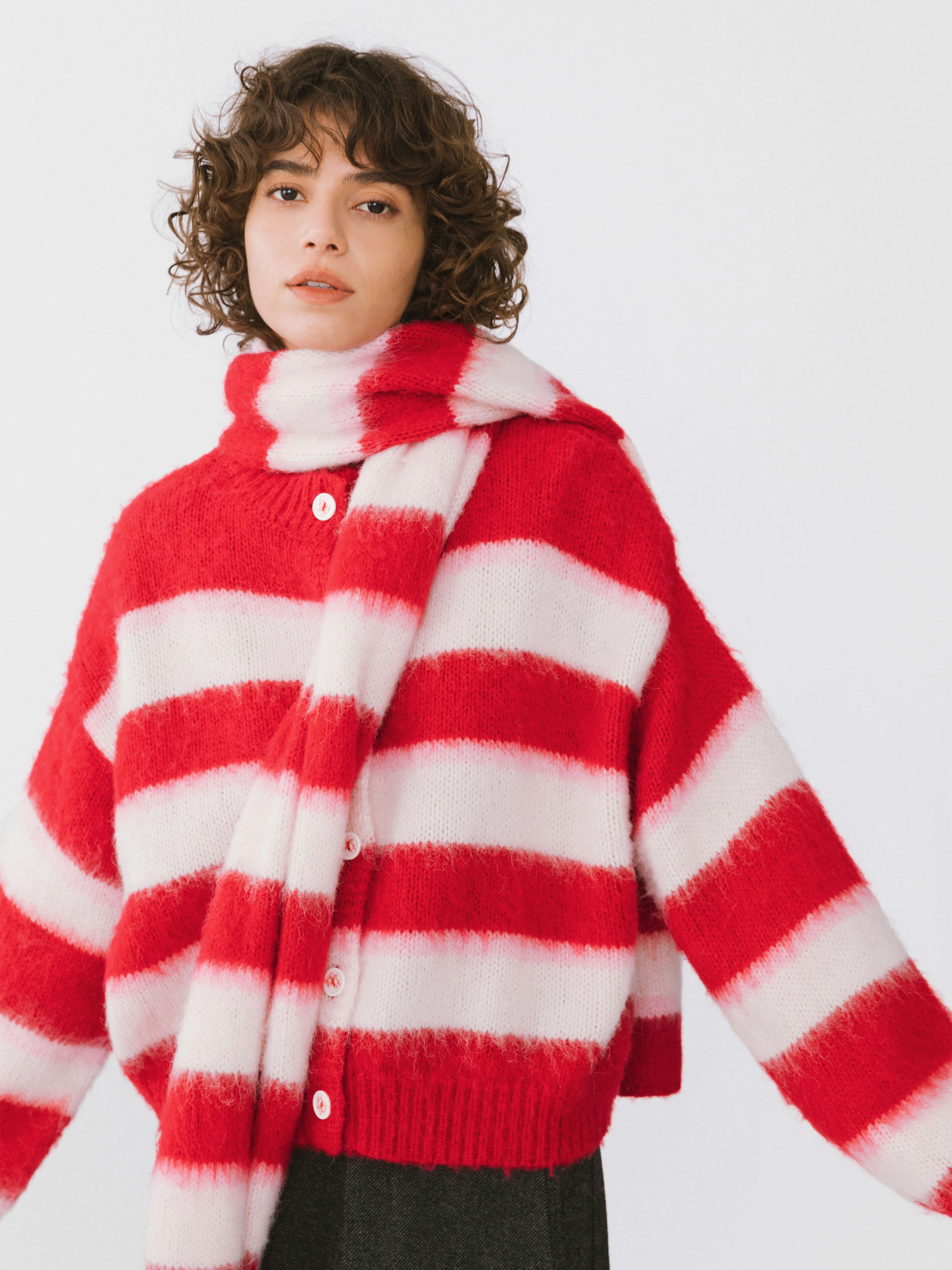 Striped Color Block Wool Knit Cardigan With Scarf-2