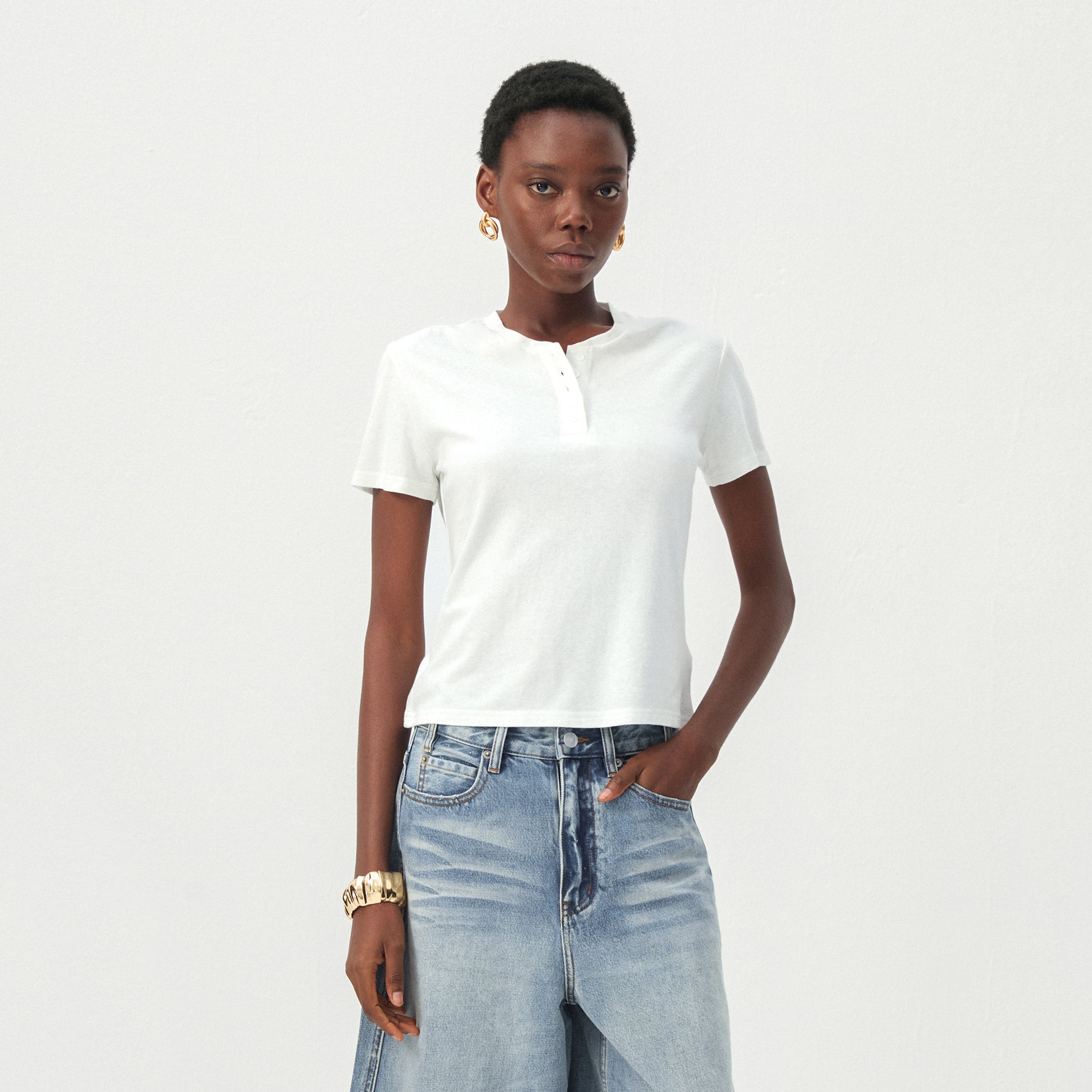 CUBIC Lyocell-Linen Blend Henley Neck Top-3