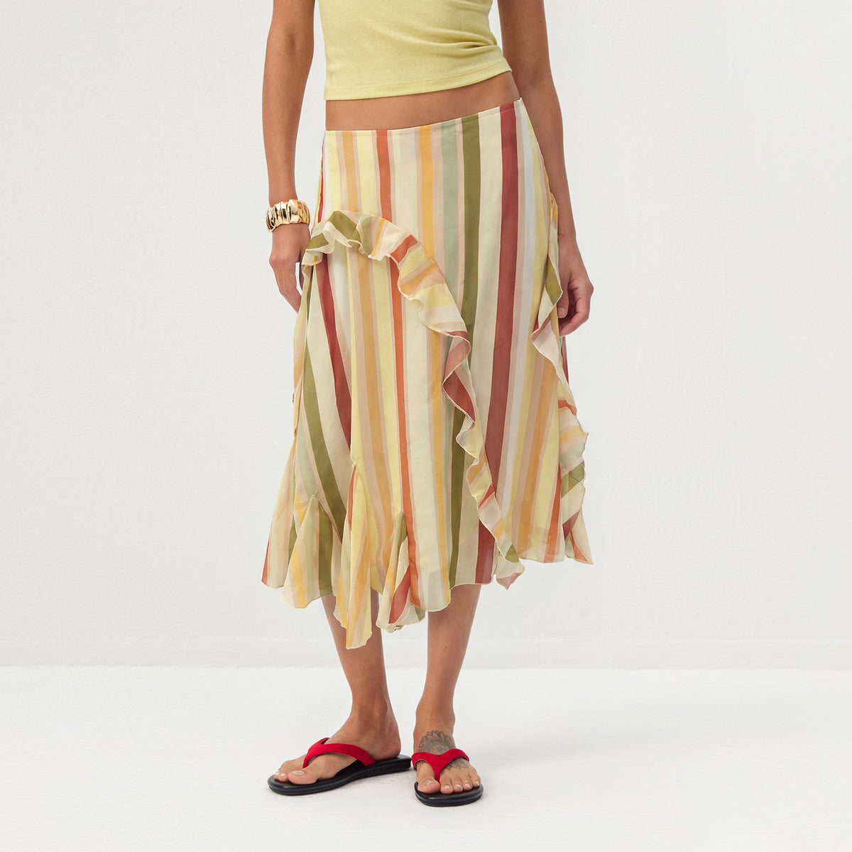 Colorful Striped Ruffled Asymmetrical Hem Skirt-3