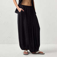 Pleated Balloon-Leg Elastic-Waist Trousers