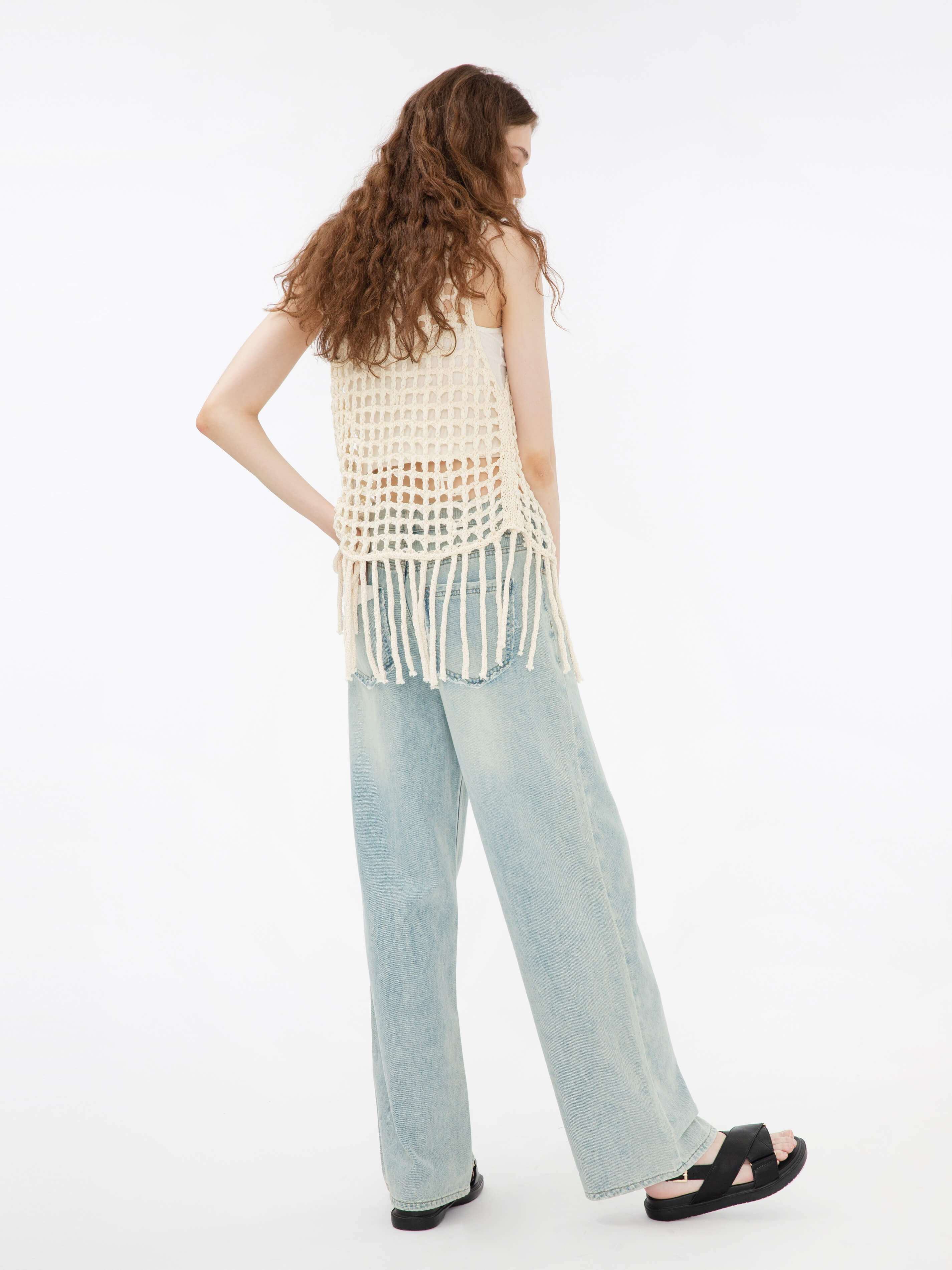 Fringed Open Knit Vest-5