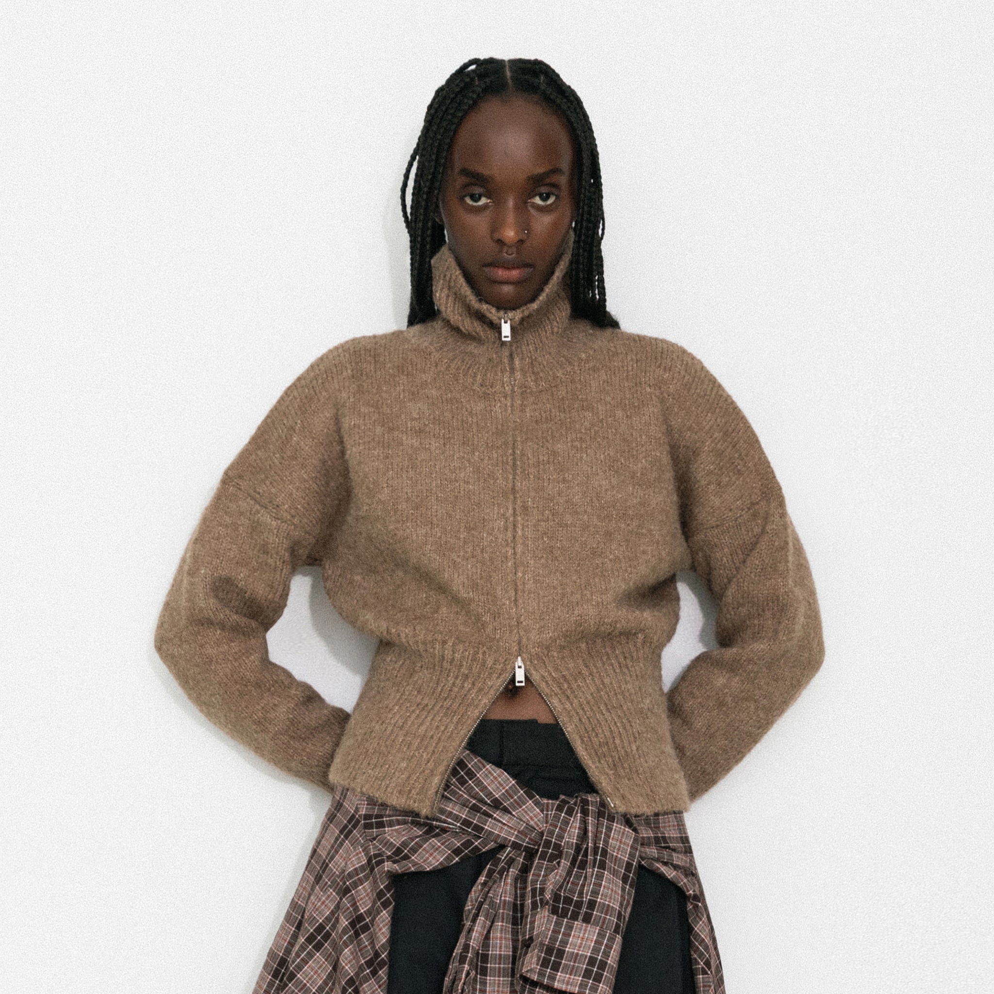 Retro Stand Collar Zip-Up Cardigan-3