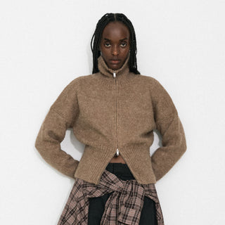 Retro Stand Collar Zip-Up Cardigan