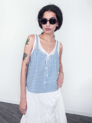 Lace Patchwork Checked Tank Top