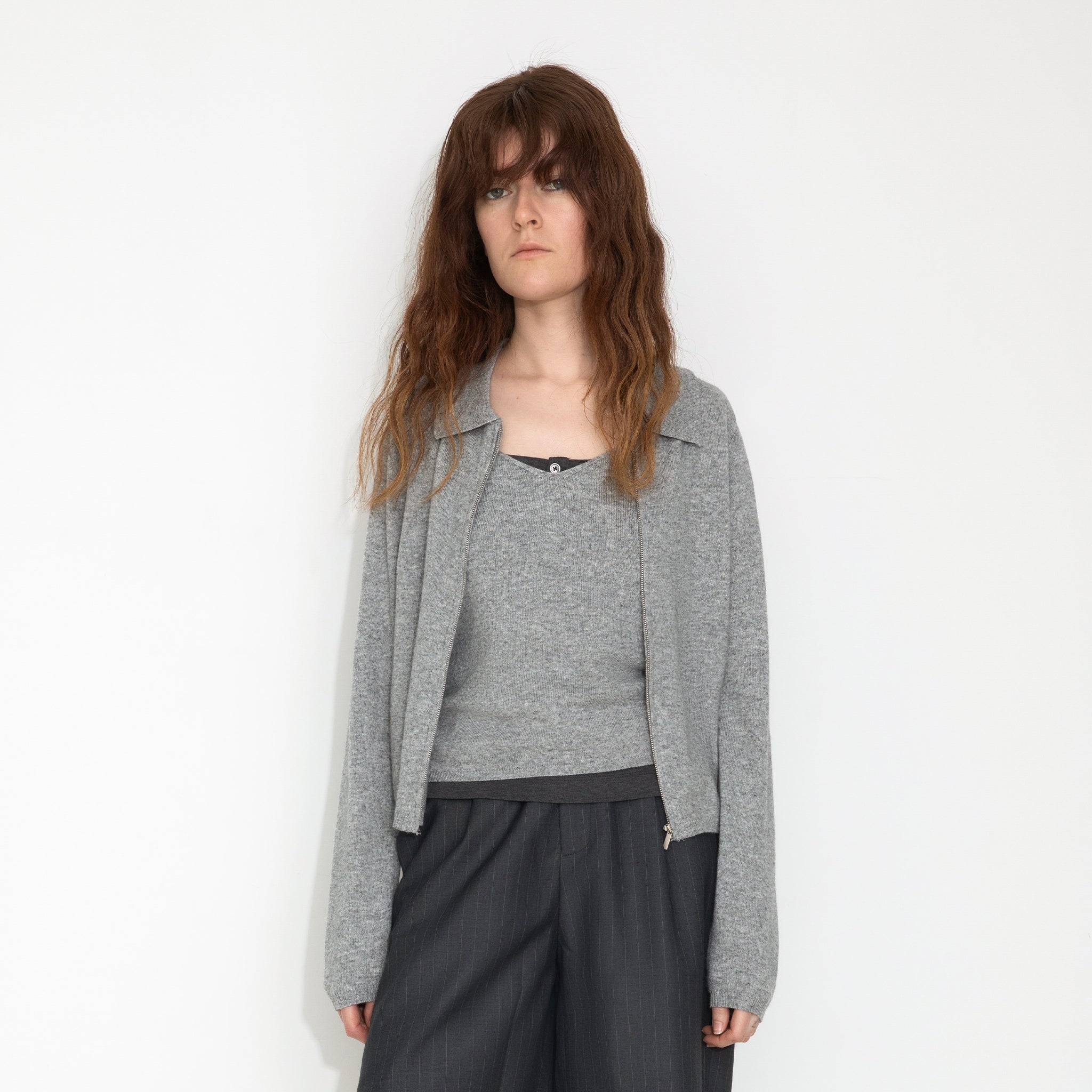 Zip-Up Collared Cropped Knit Cardigan & Vest Set-3
