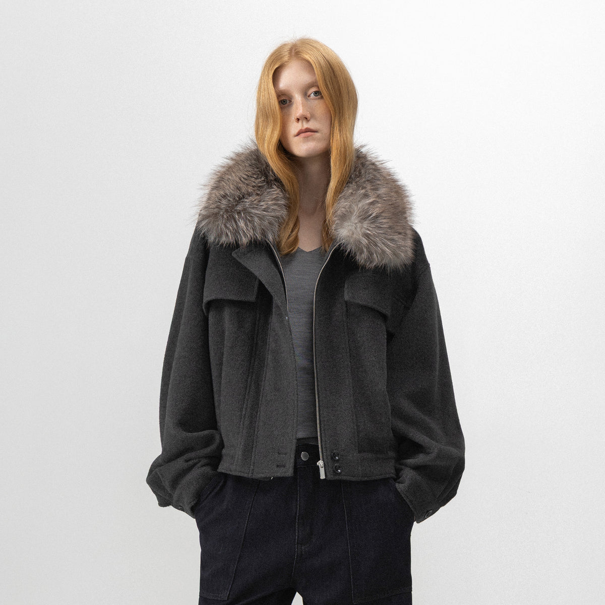 CUBIC Detachable Faux-Fur Collar Cocoon Jacket-3