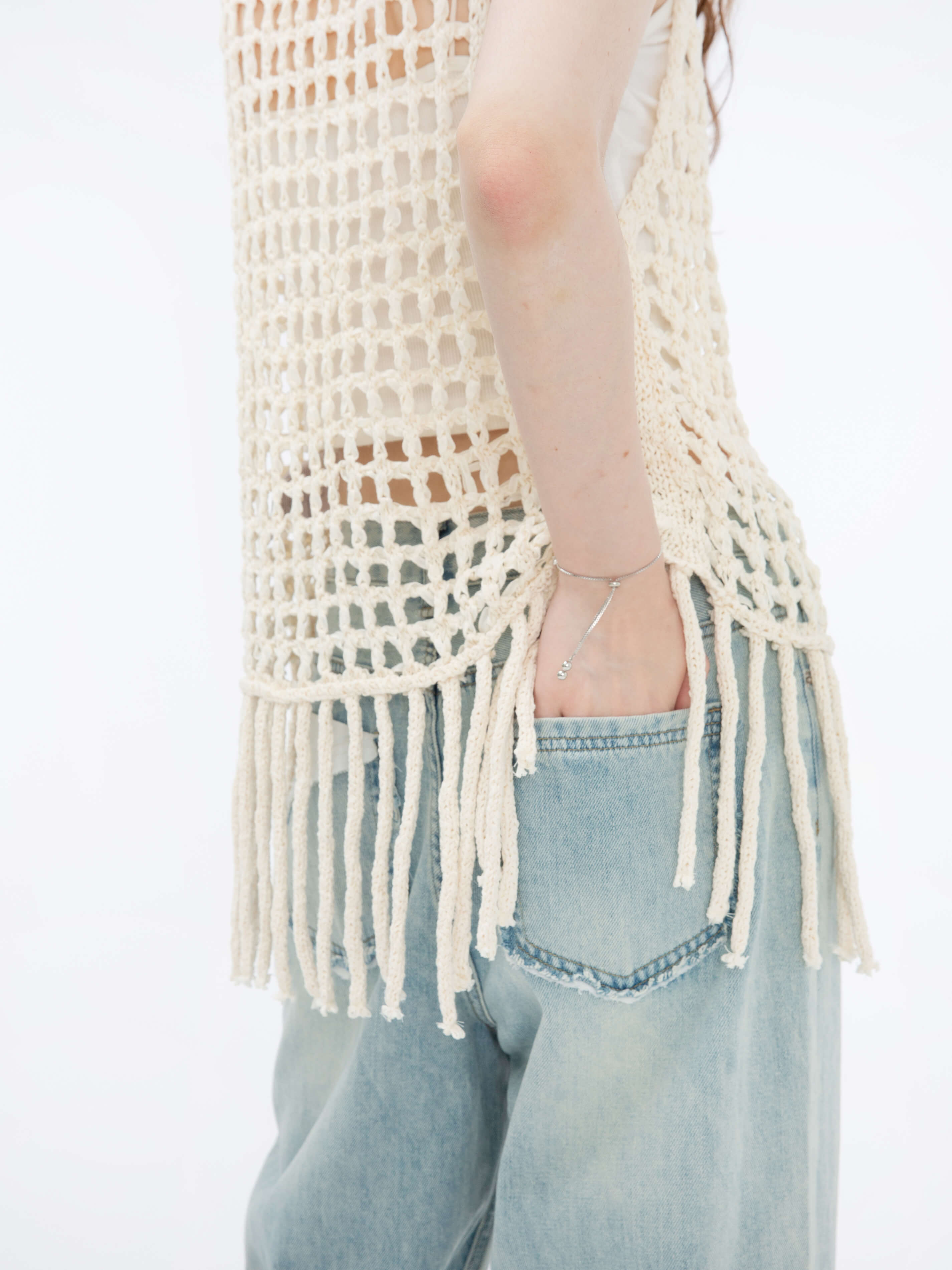 Fringed Open Knit Vest-6