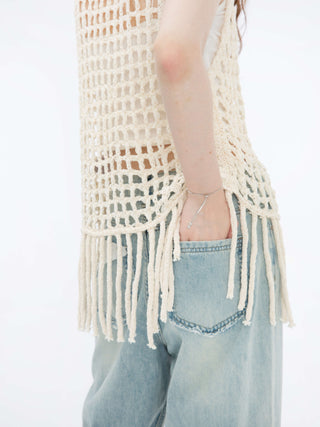 Fringed Open Knit Vest
