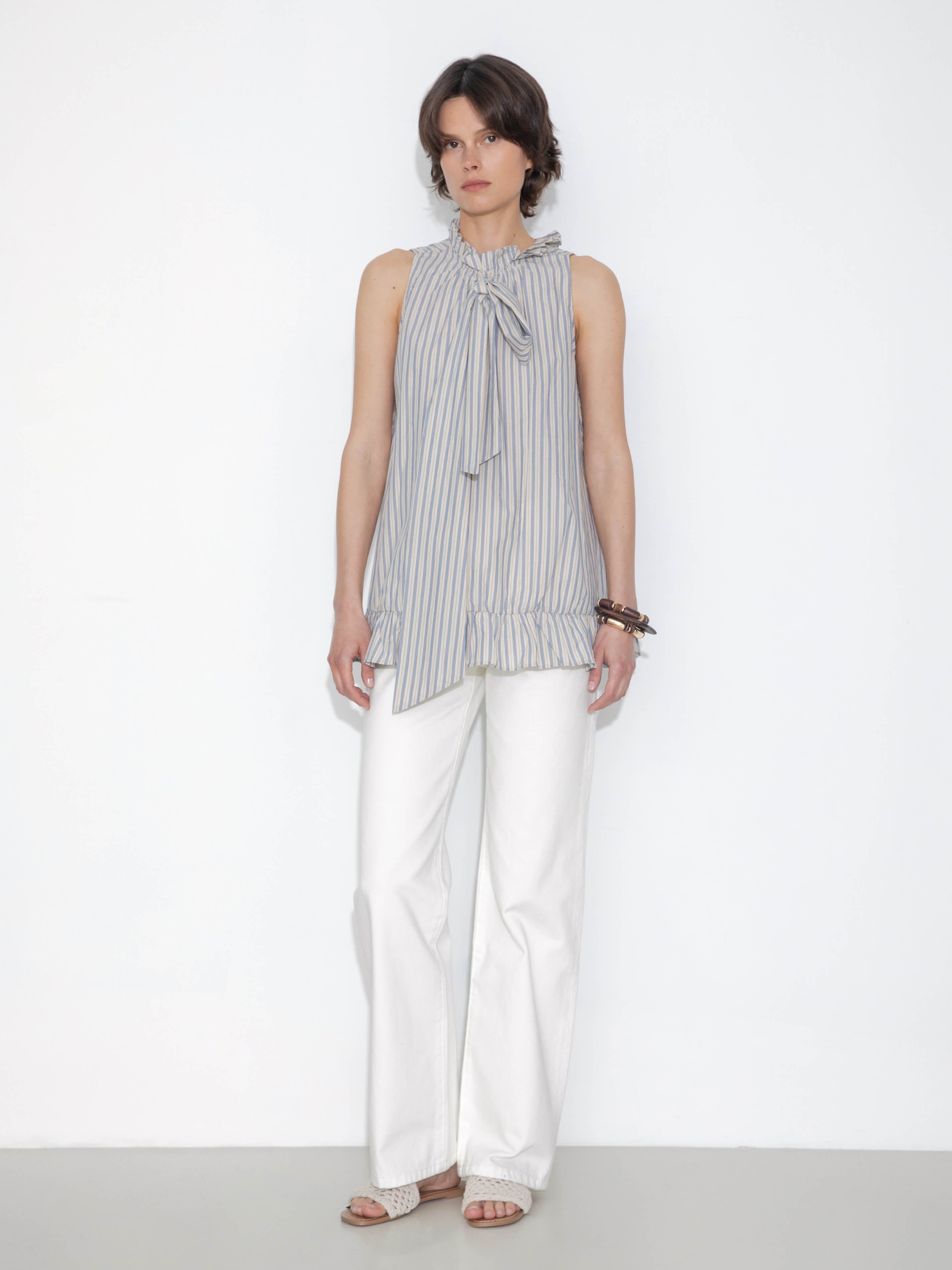 Ruffle Stand Collar Tie A-line Tank Top-4