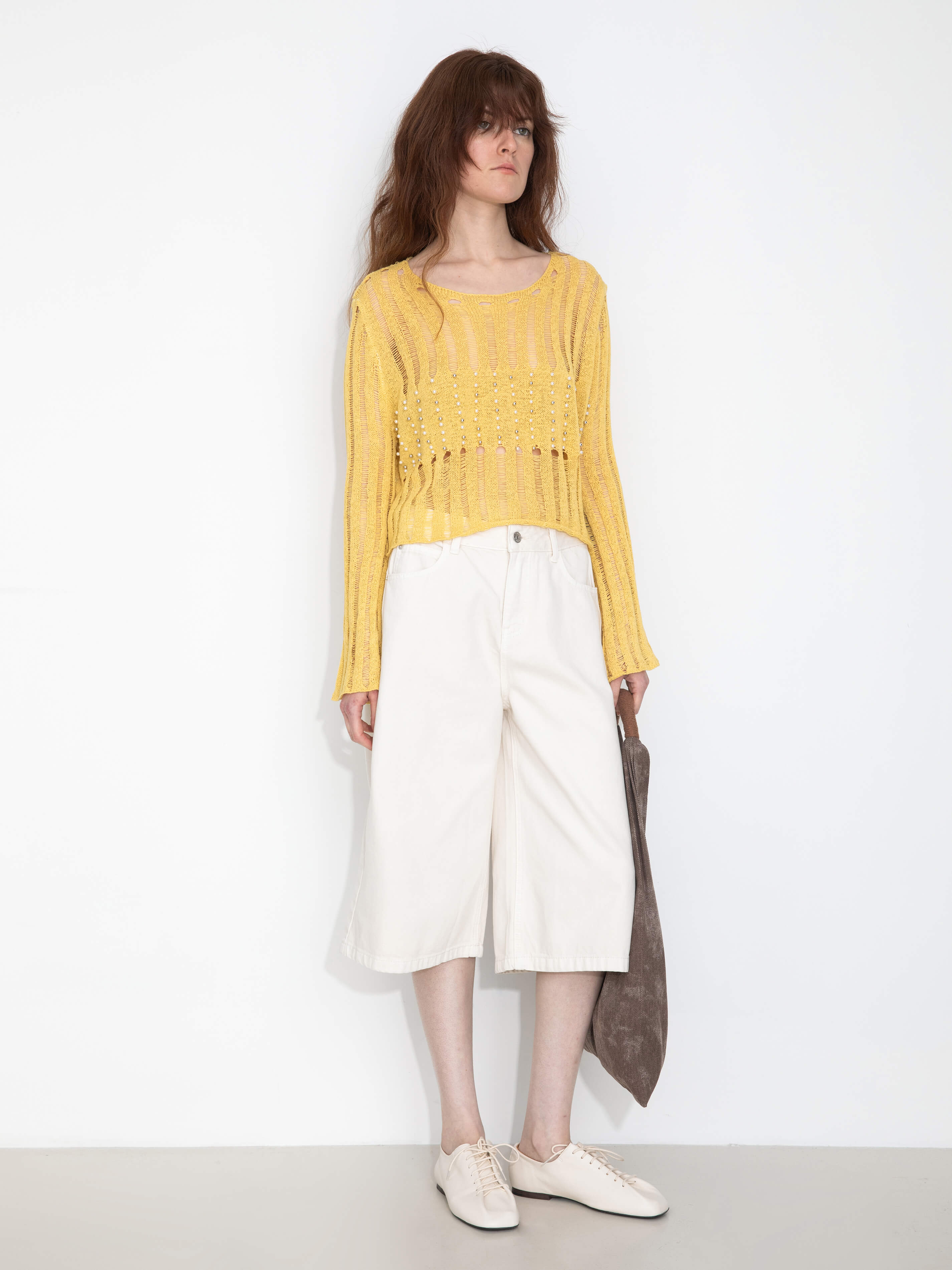 Beaded Hollow-Out Knit Top with Flare Sleeves-3