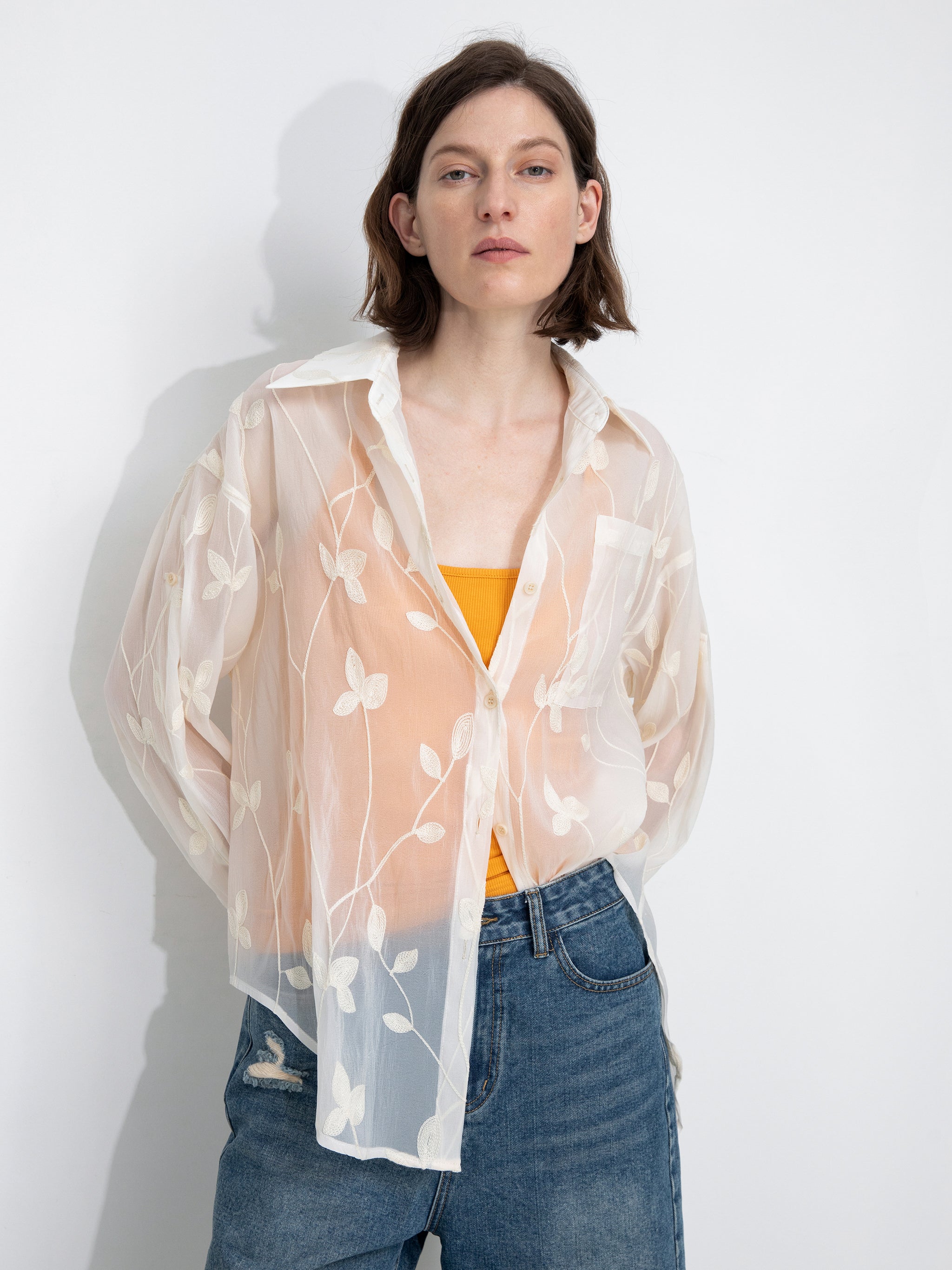 Lightweight Ice Silk Embroidered Sheer Shirt-4