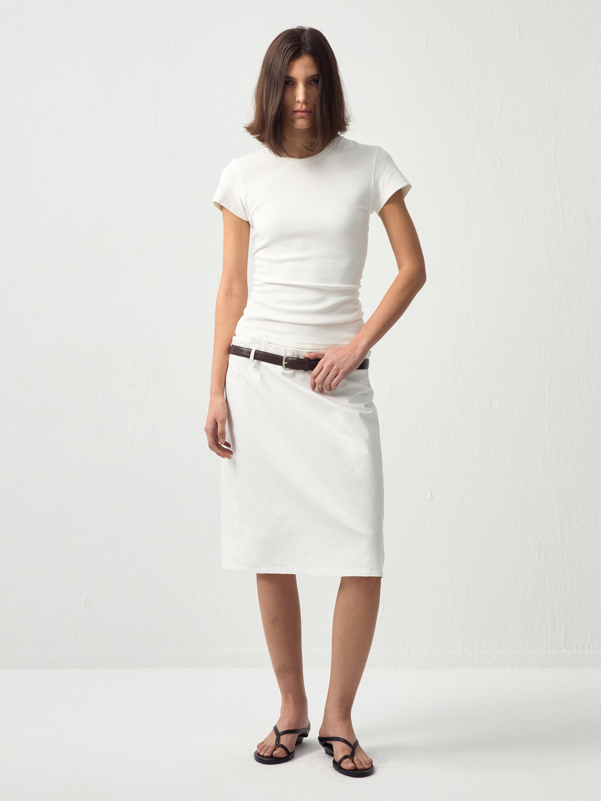 Double-Waist Straight Midi Skirt-4