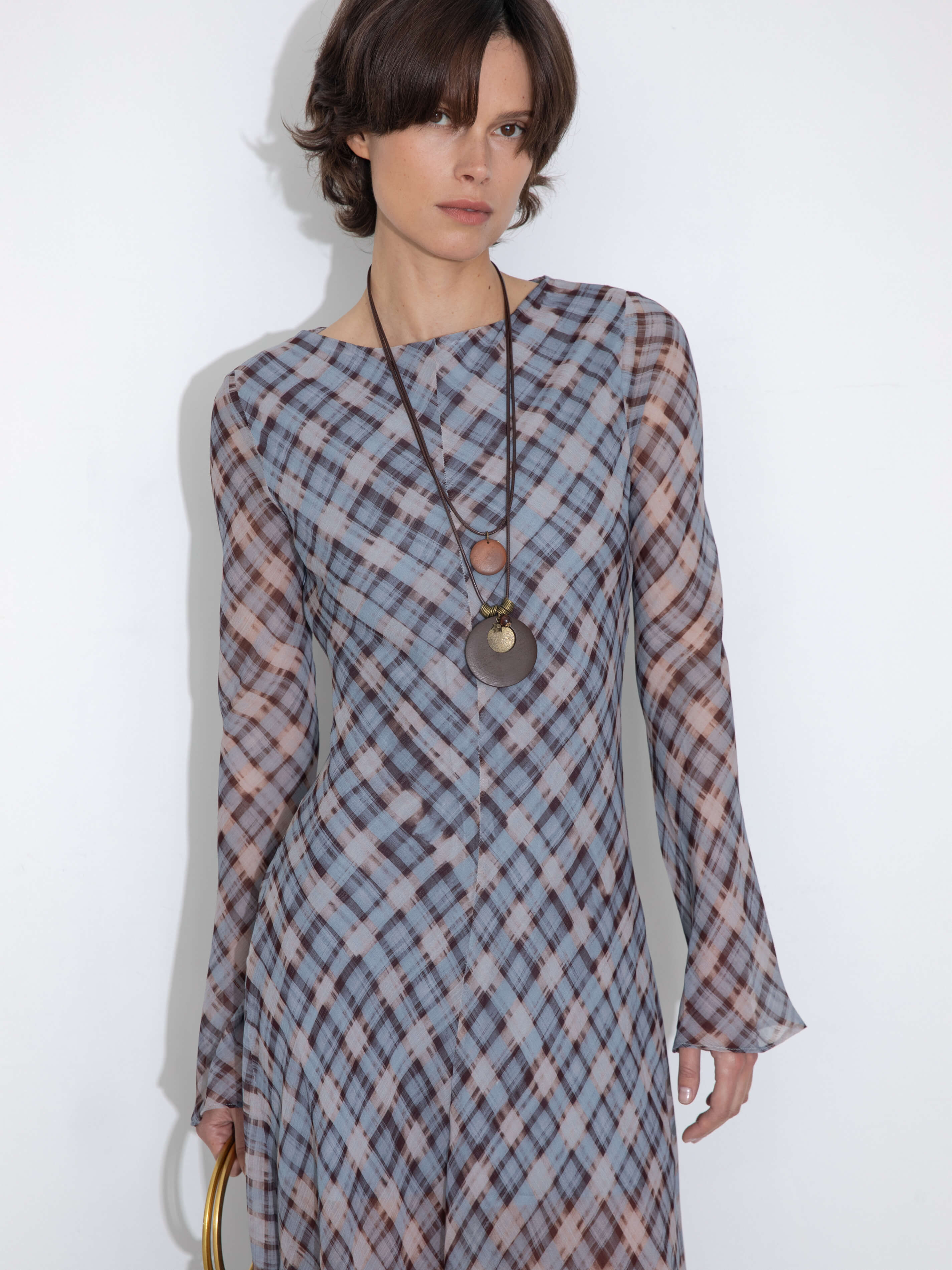 Checkered Crew Neck Long Sleeve Dress-5