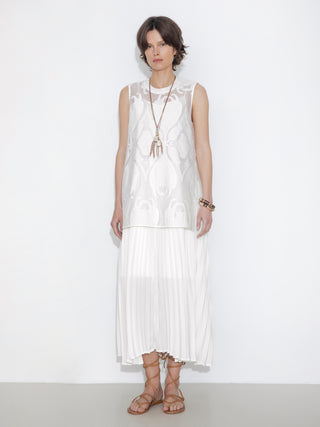 Sheer Patterned Sleeveless Pleated Skirt
