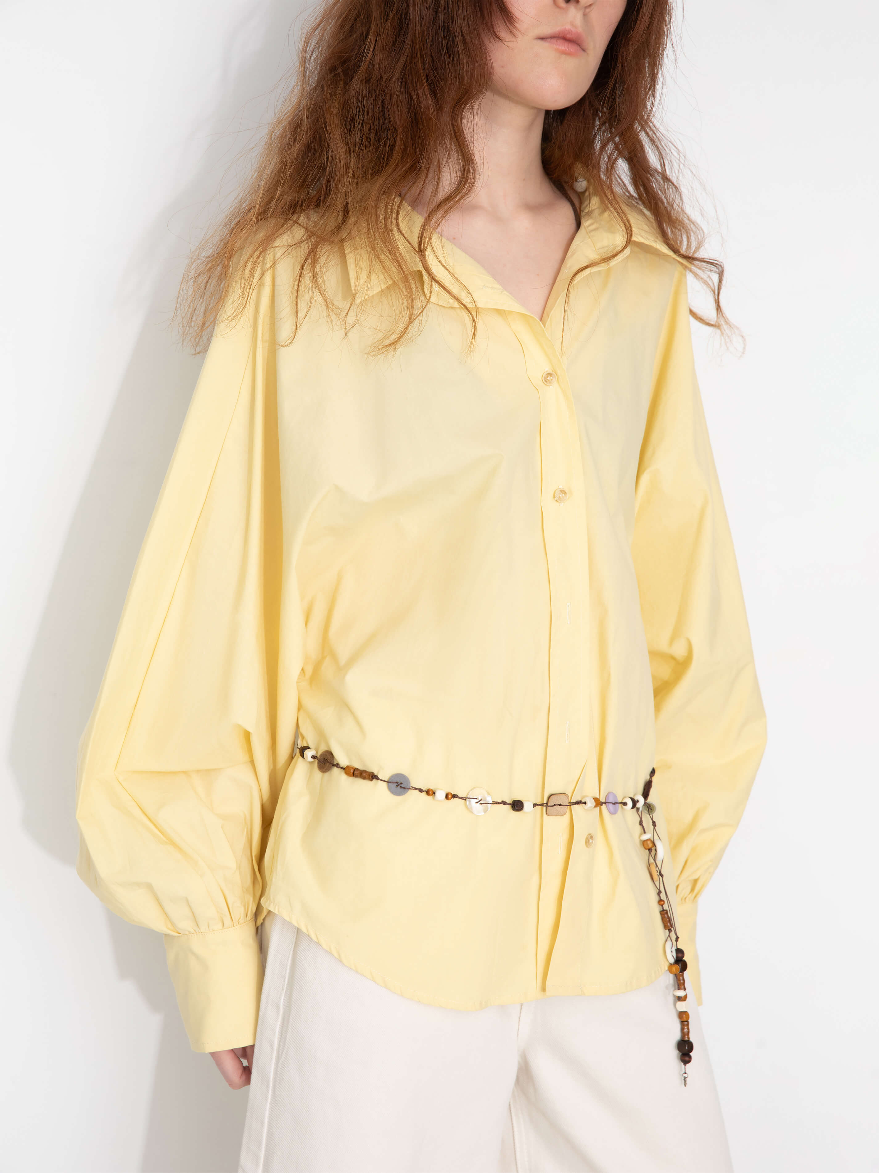 100% Cotton Oversized Balloon Sleeve Backless Tie Shirt-4