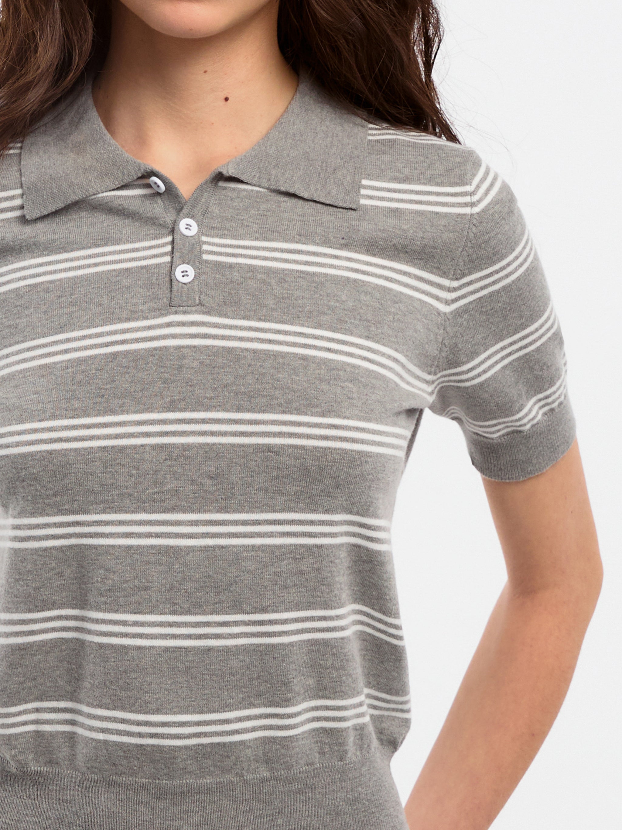 CUBIC-Striped Cropped Polo Collar Cotton T-Shirt-4