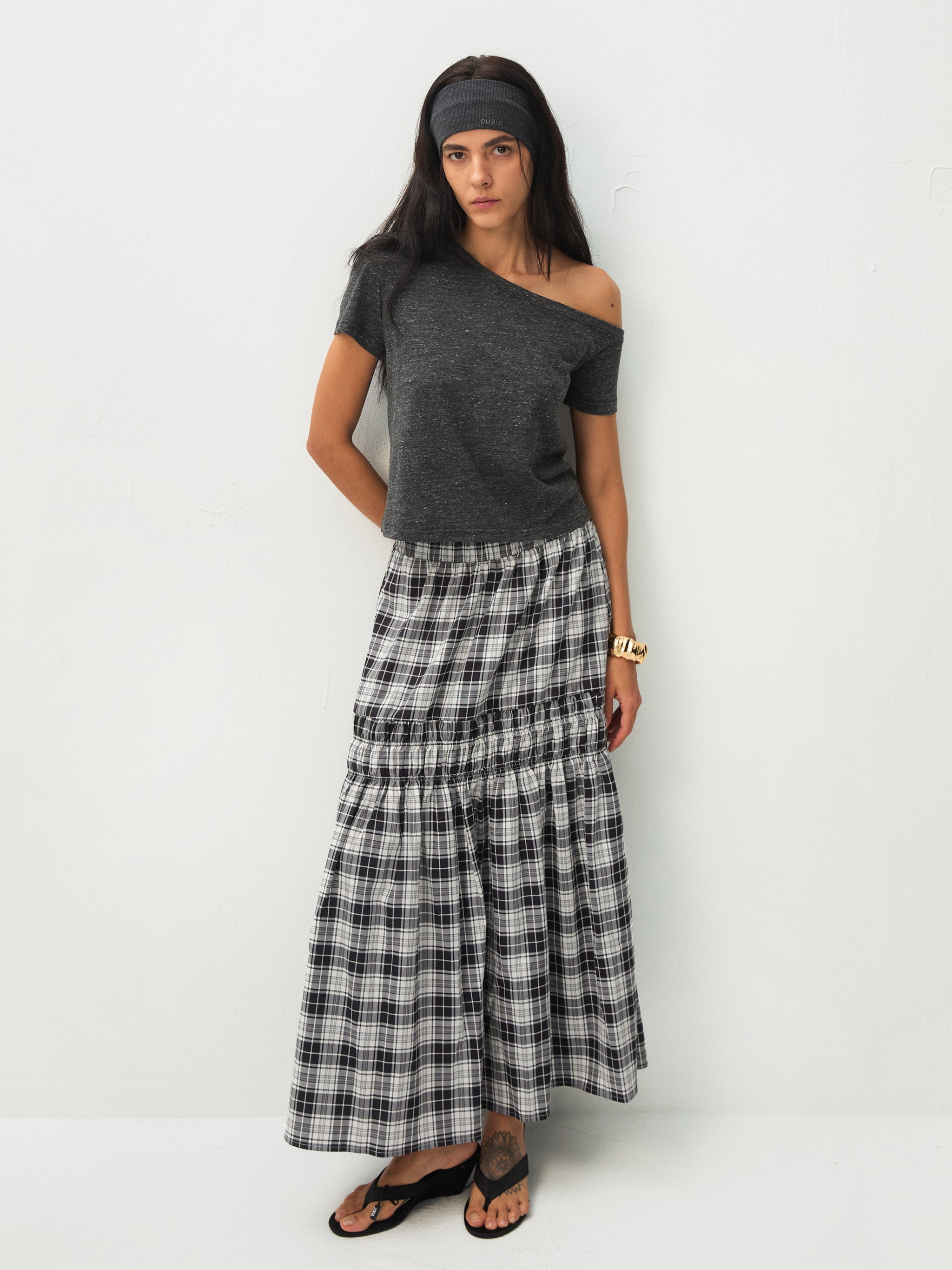 Elastic Drawstring High Waist Checked Skirt-2