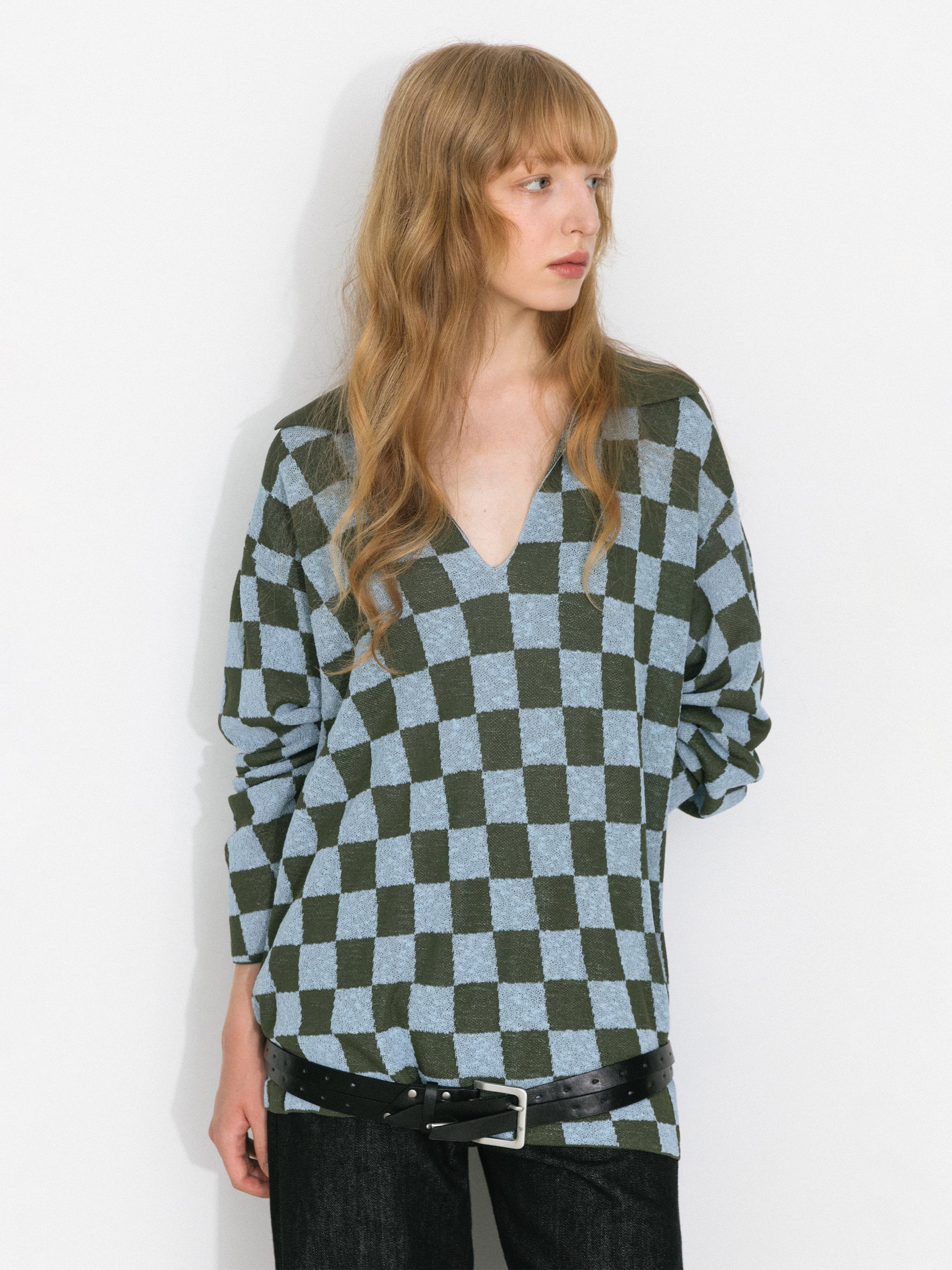 Checkerboard Contrast Knit Top-4