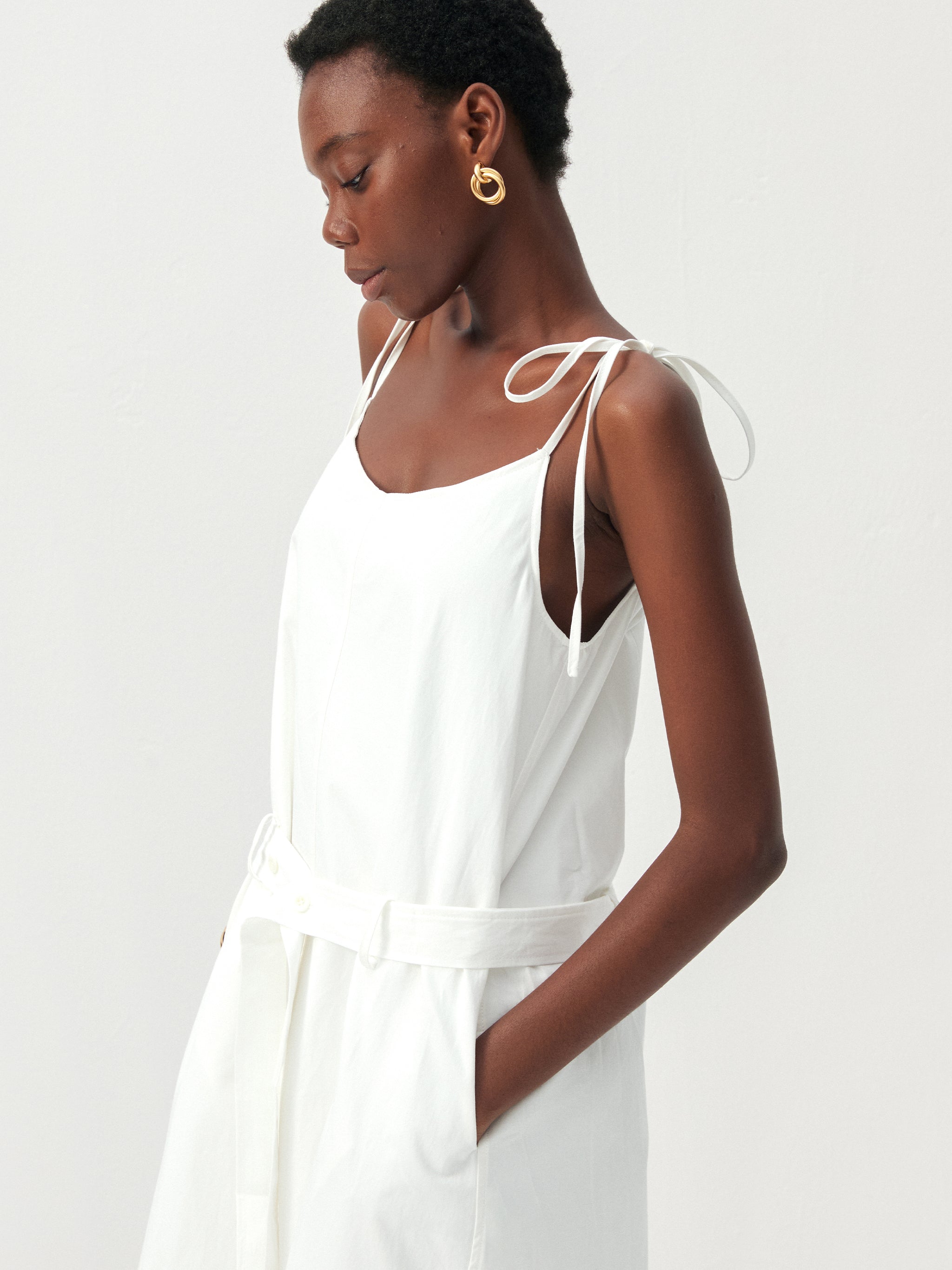 CUBIC Cotton-Linen Blend Tie-Shoulder Belted Midi Dress-4