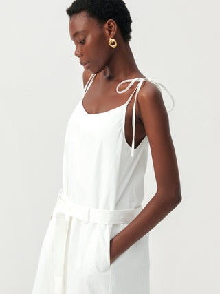 CUBIC Cotton-Linen Blend Tie-Shoulder Belted Midi Dress