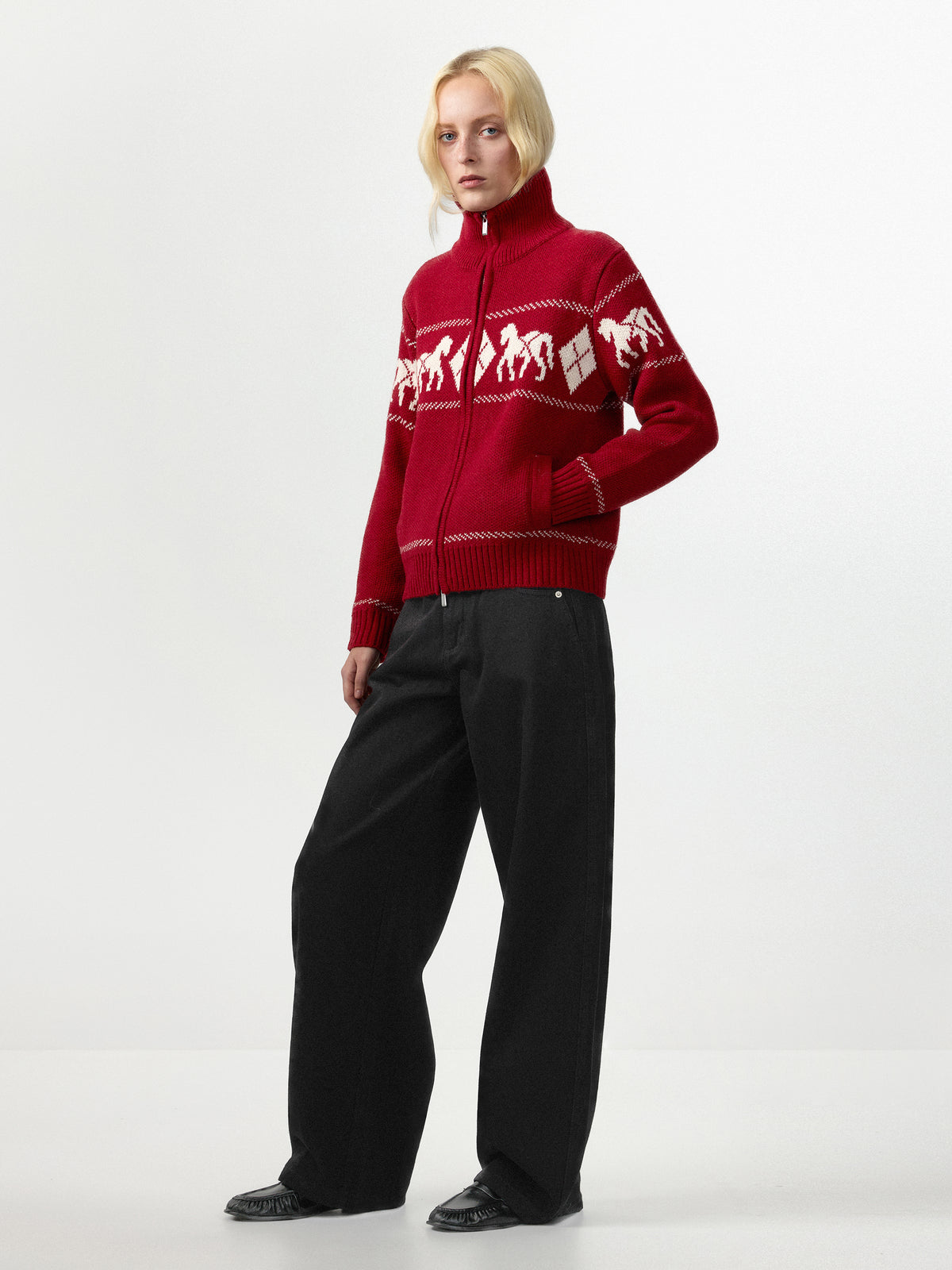 Horse Pattern Diamond Zip-Up Knit Cardigan-5