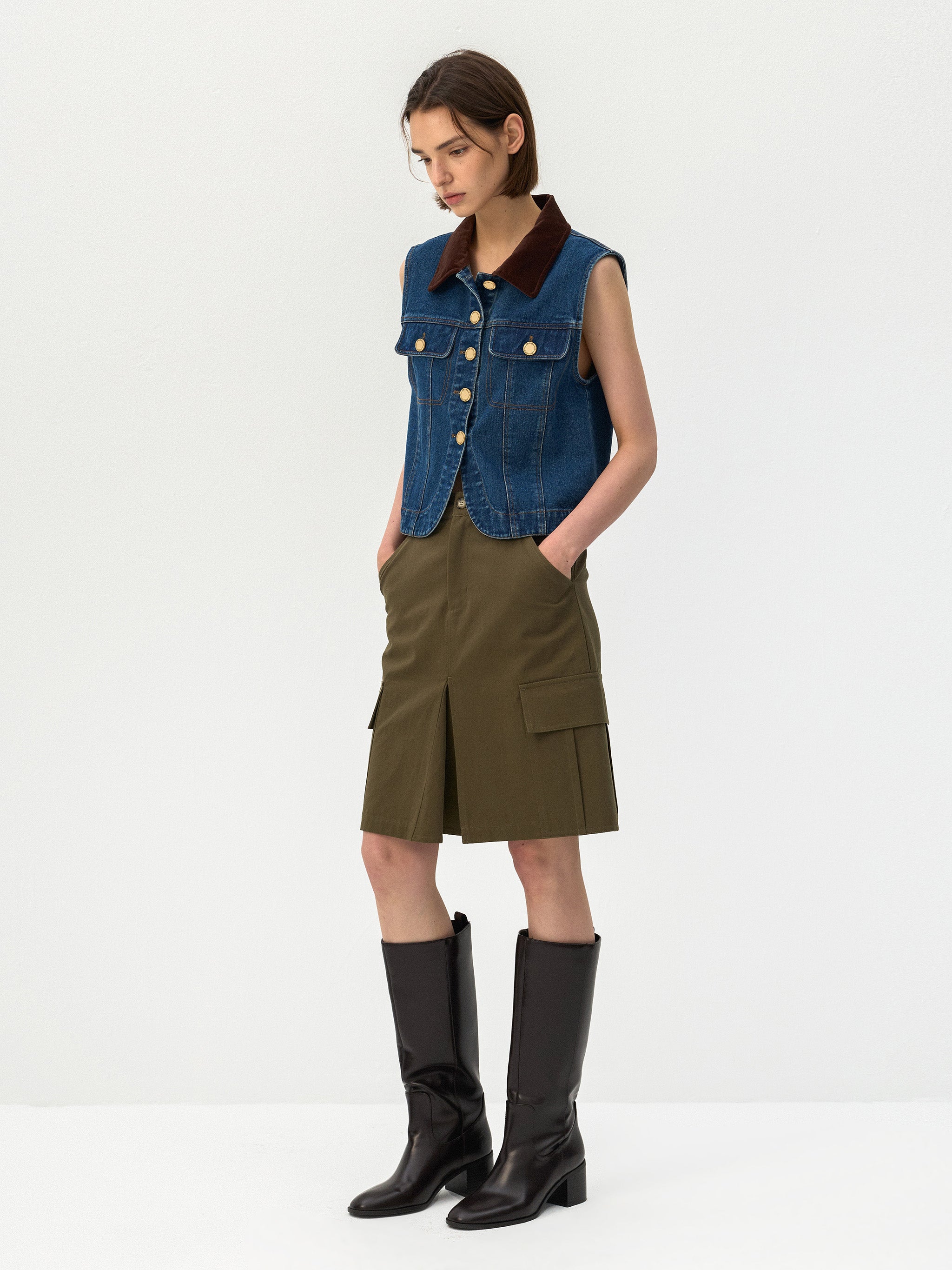 CUBIC Contrast Collar Vintage Denim Vest-4