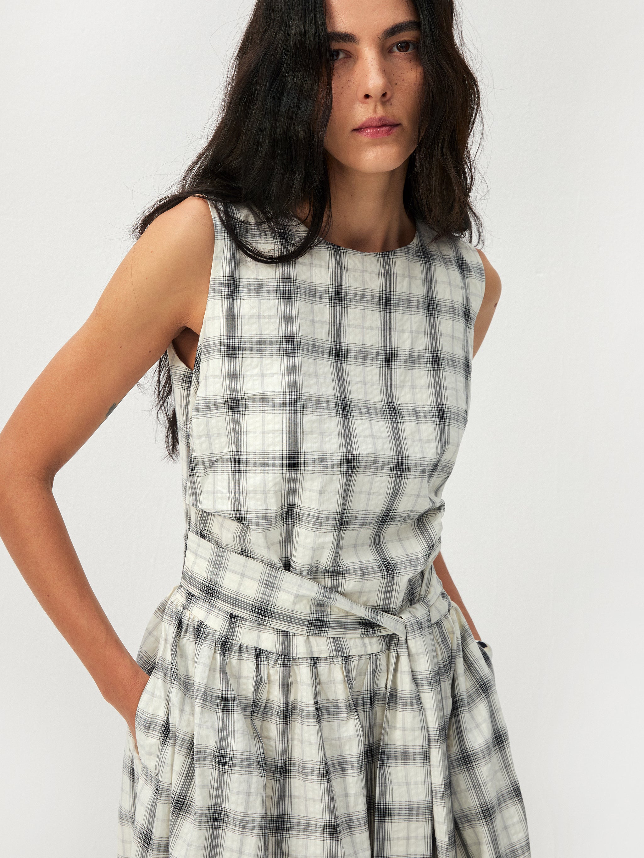 CUBIC Cotton Check Belted Sleeveless Midi Skirt-4