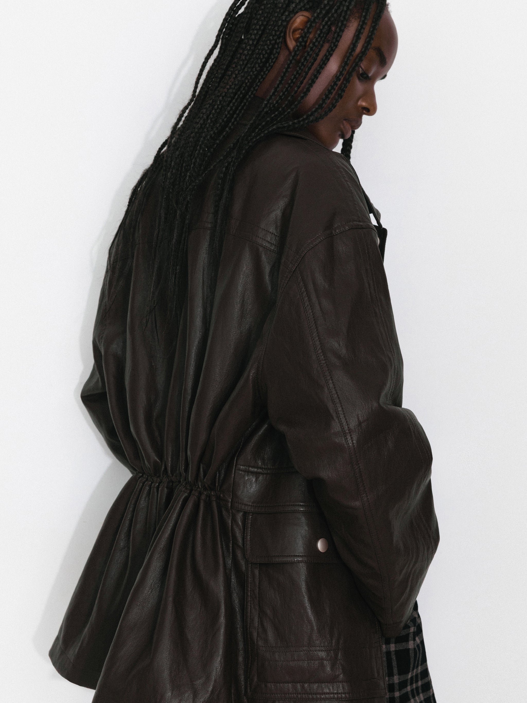 Two-Way Collar Boxy Leather Down Jacket-4