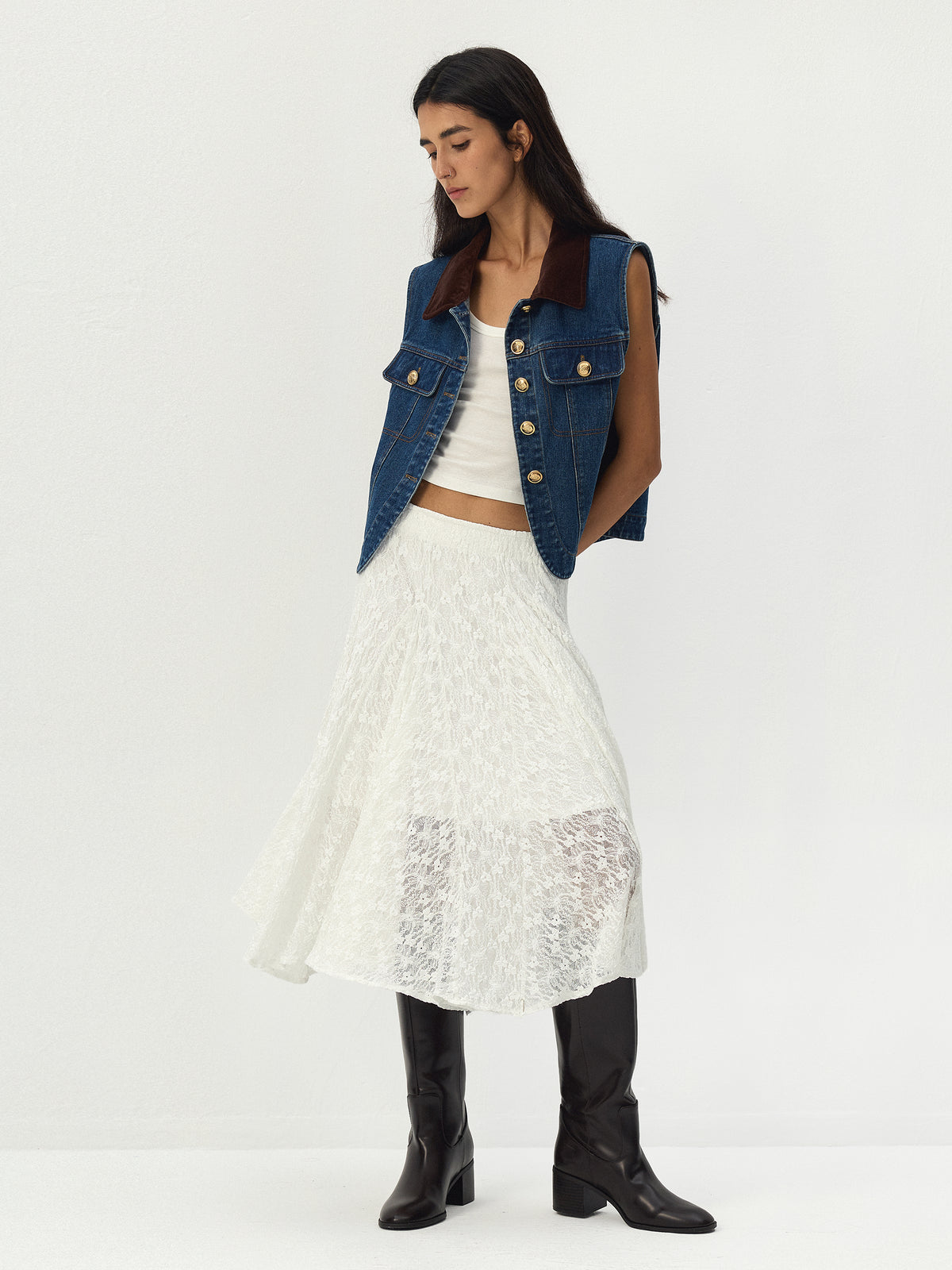 CUBIC Asymmetric Lace Midi Skirt-4