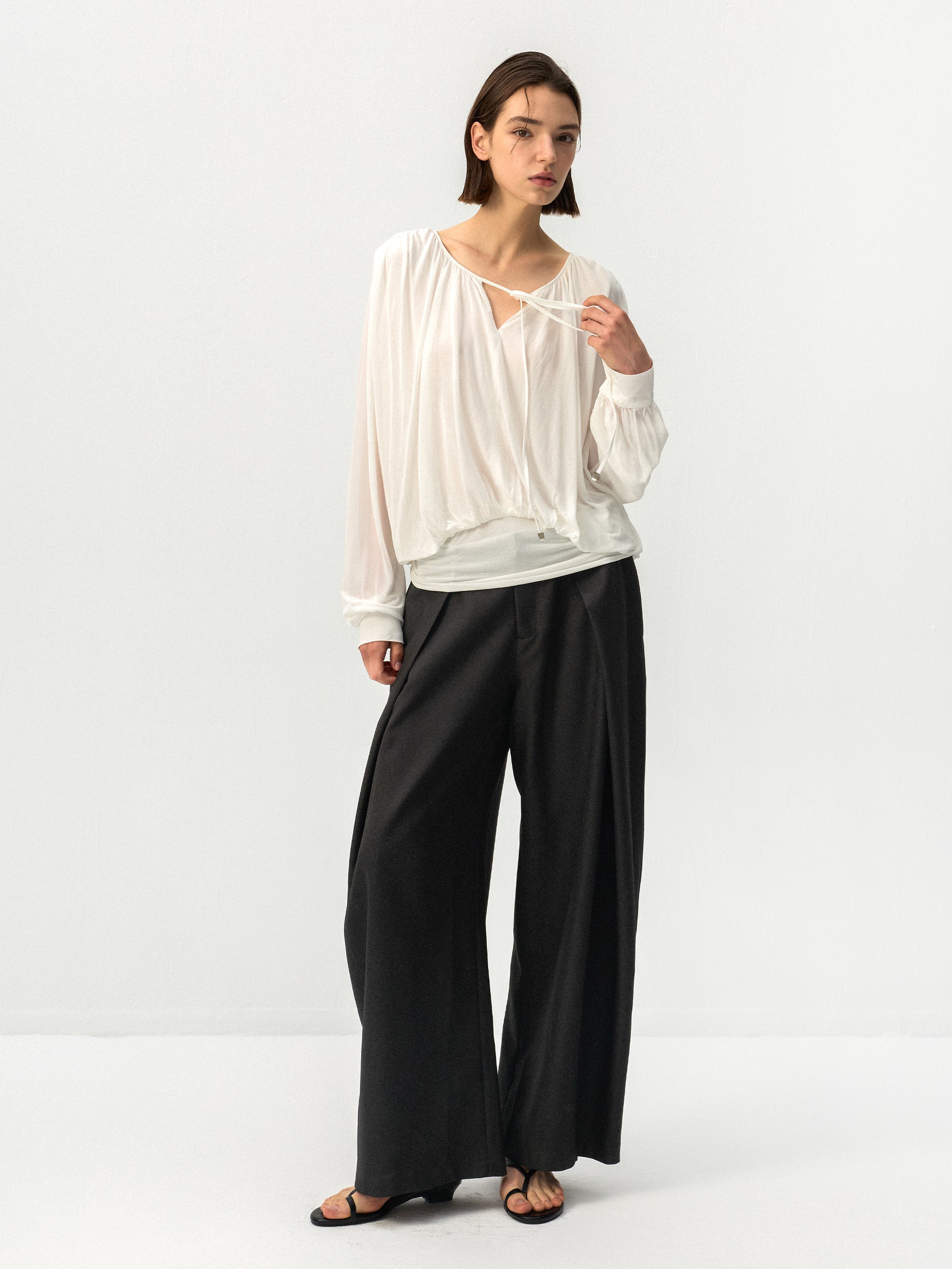 CUBIC Tie Neck Batwing Blouse-4