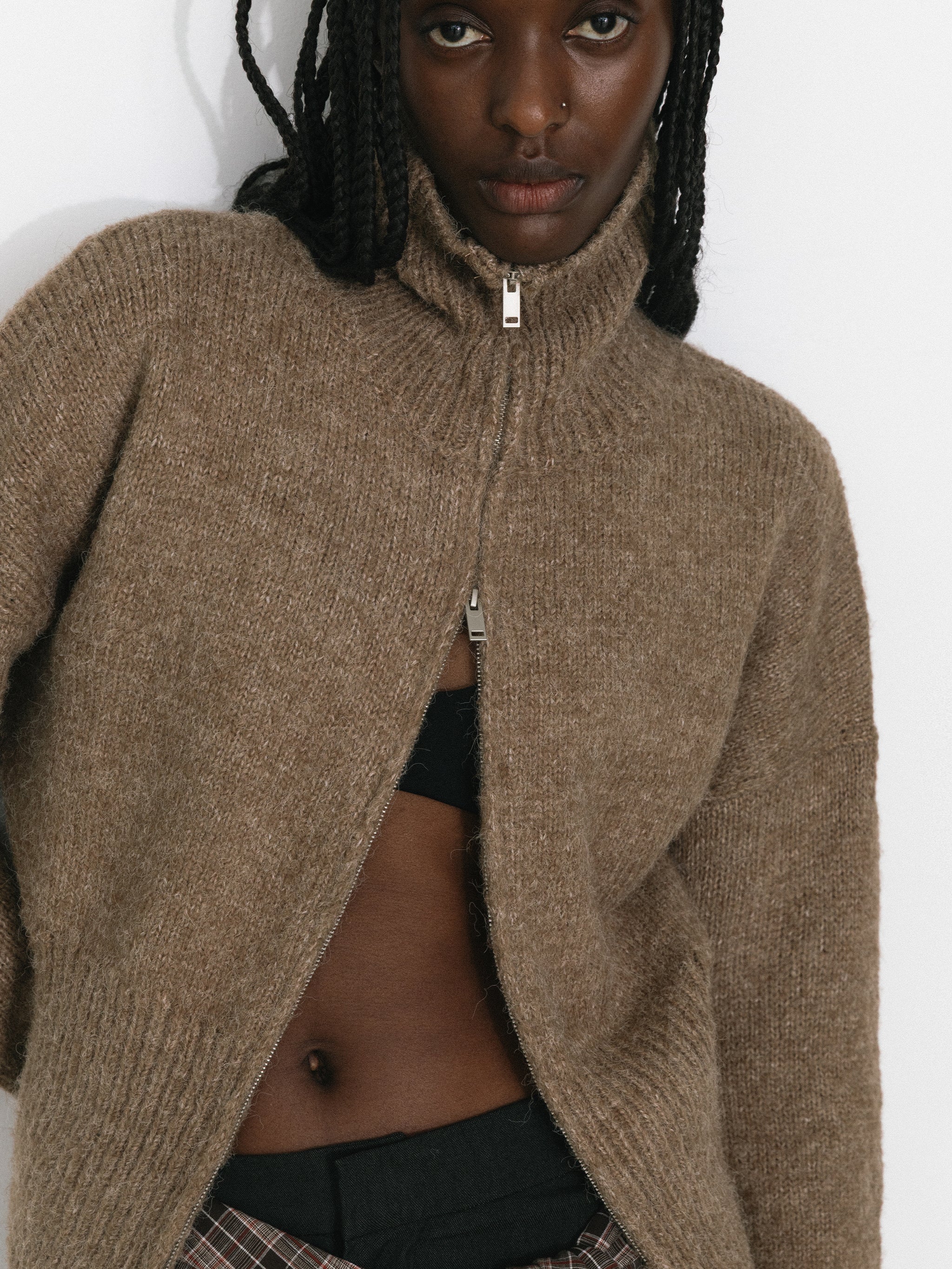 Retro Stand Collar Zip-Up Cardigan-4