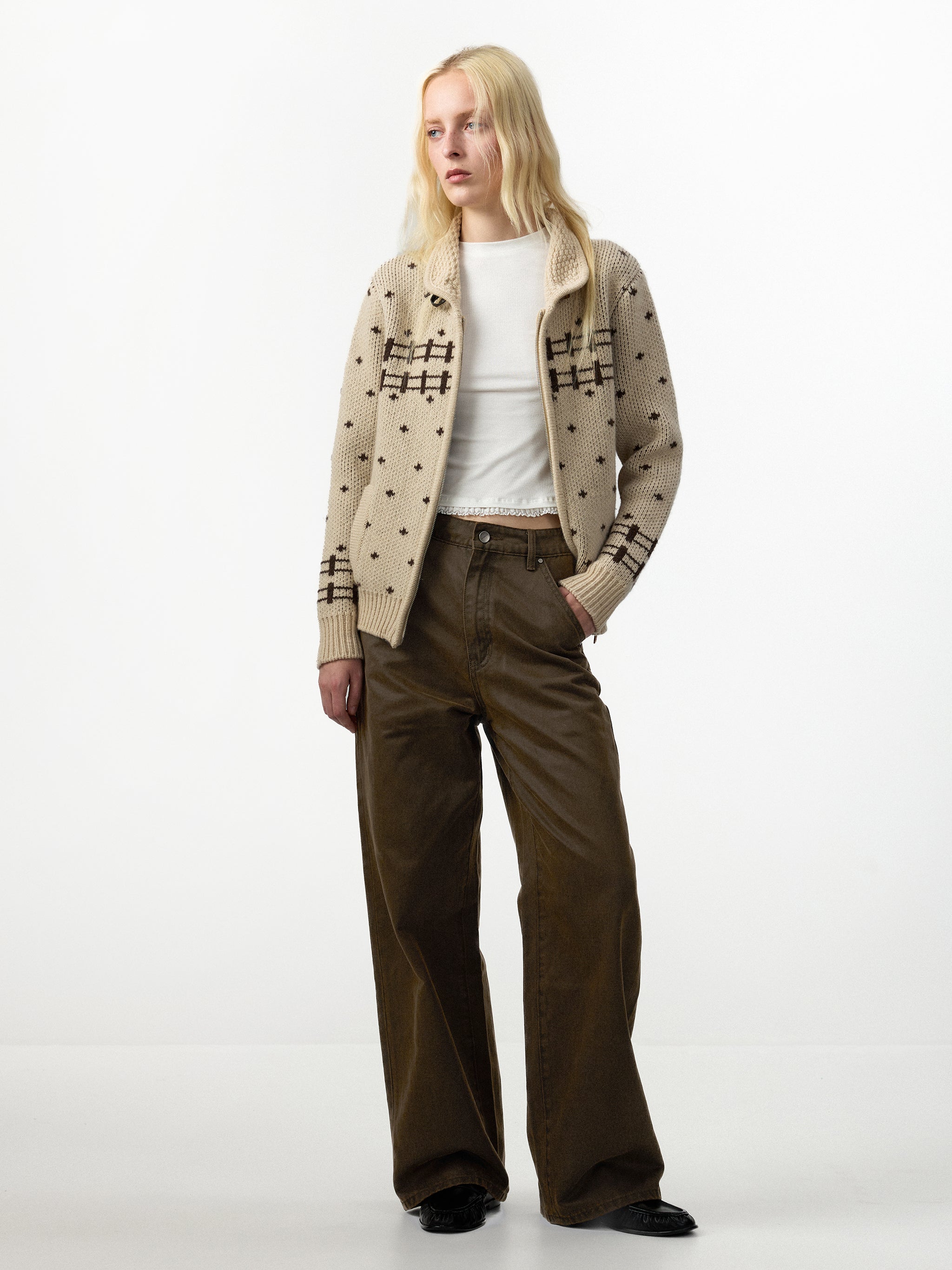 CUBIC 100% Wool Fair Isle Zip Knit Sweater-4
