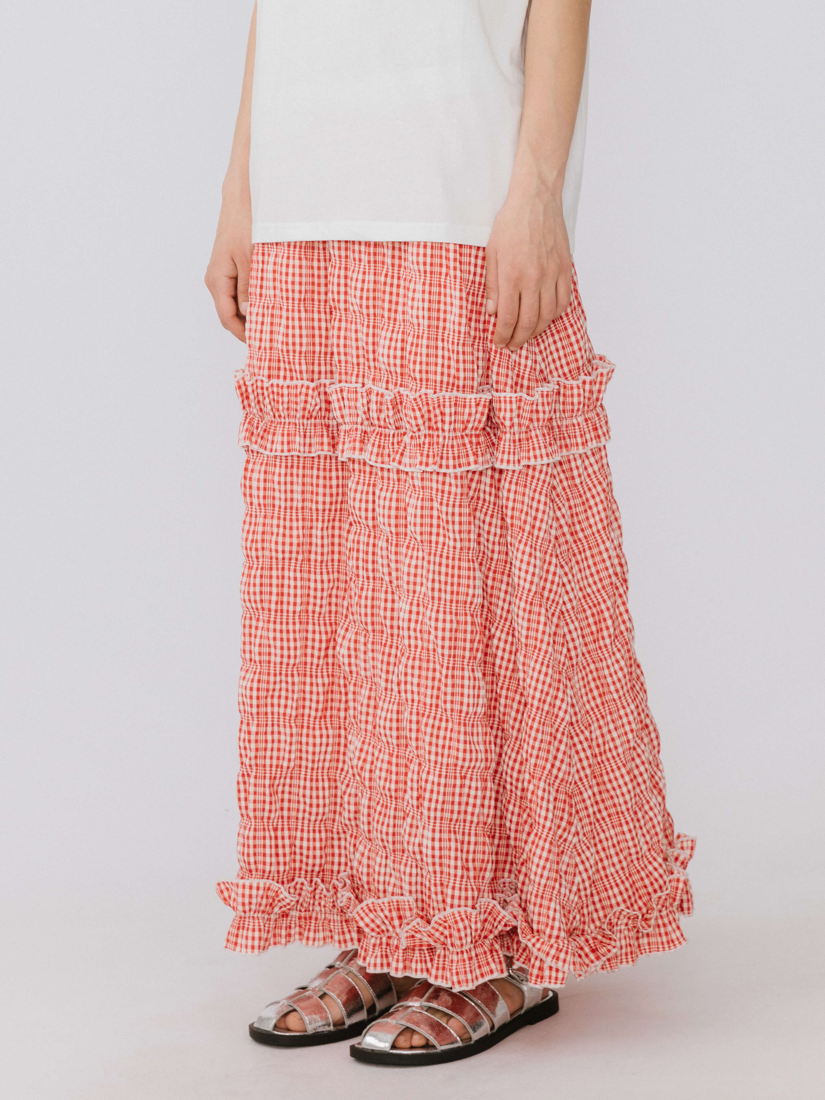Red Tartan Frilled Midi Skirt-4