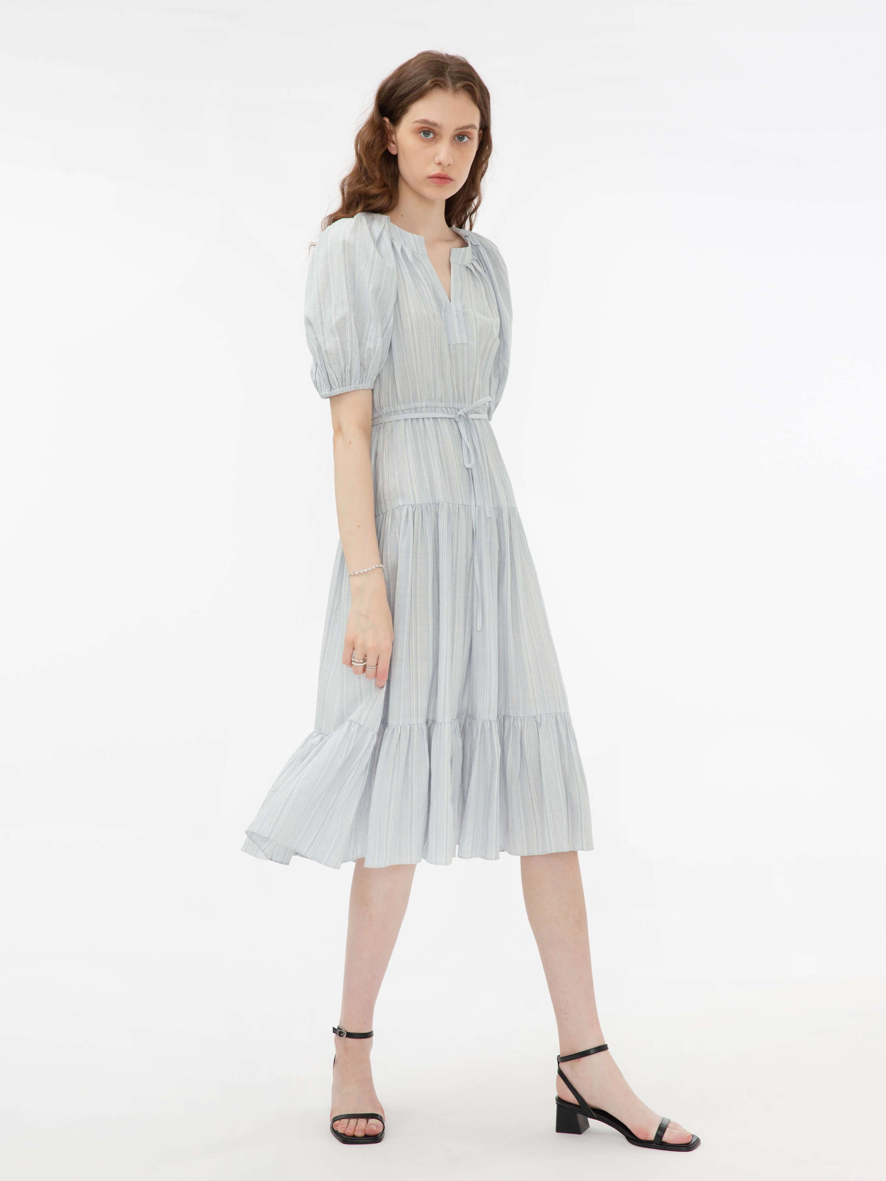 Puff Sleeve V-Neck Tiered Dress-3