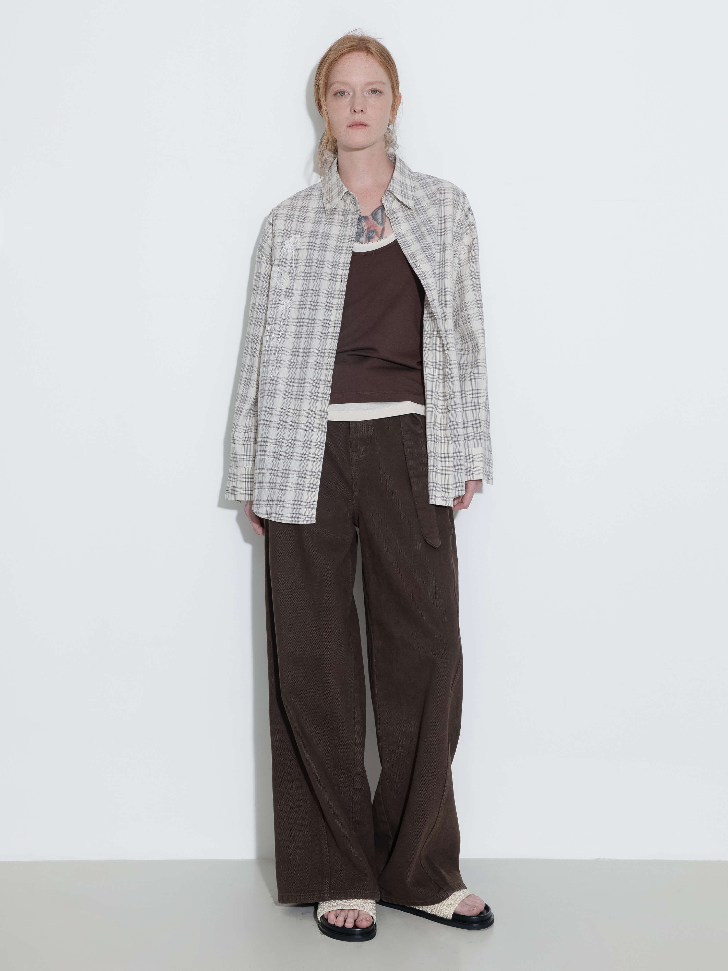 100% Cotton Embroidered Lace Checkered Oversized Shirt-3