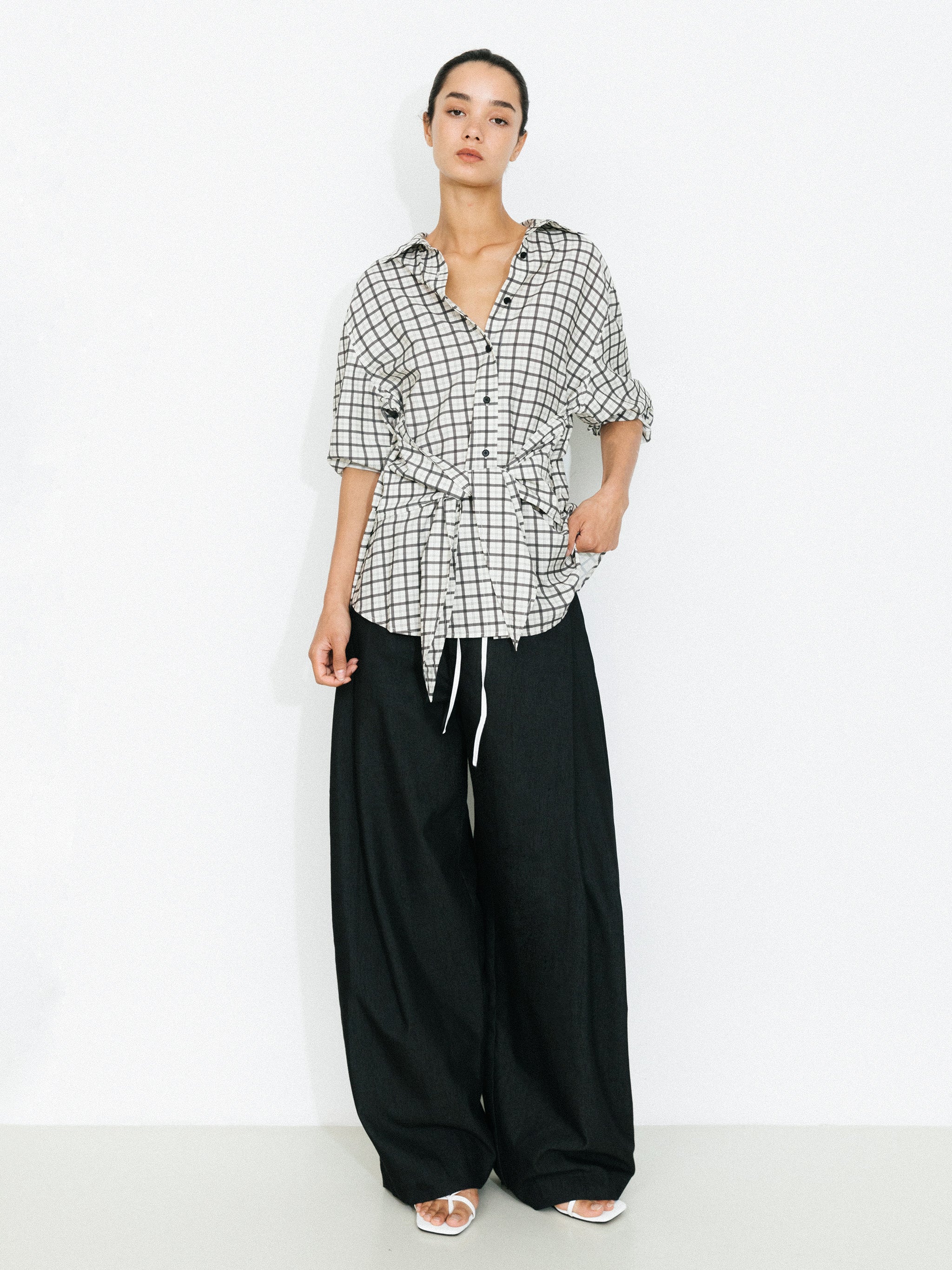 Oversized Checkered Shirt with Detachable Belt-4