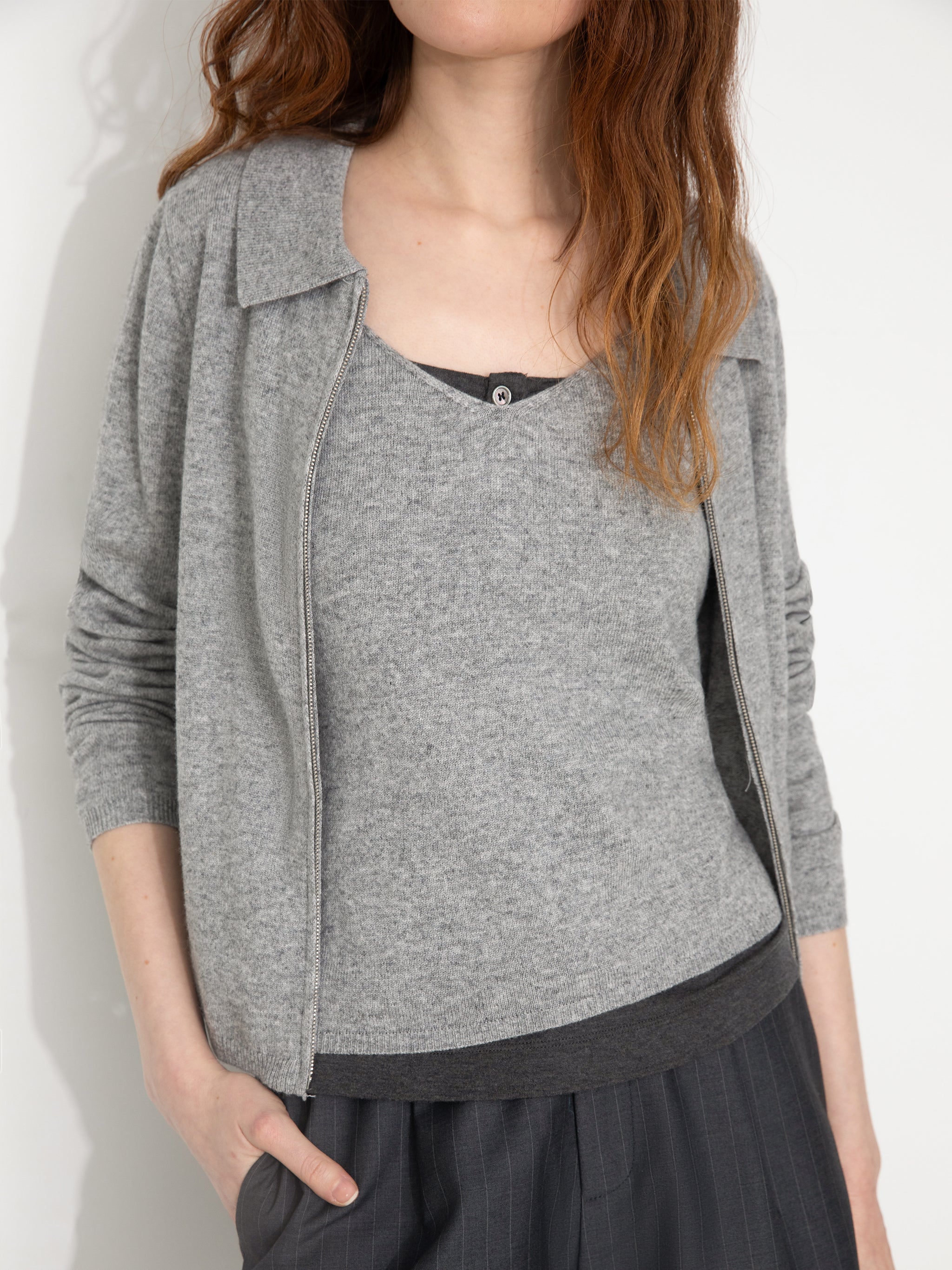 Zip-Up Collared Cropped Knit Cardigan & Vest Set-4