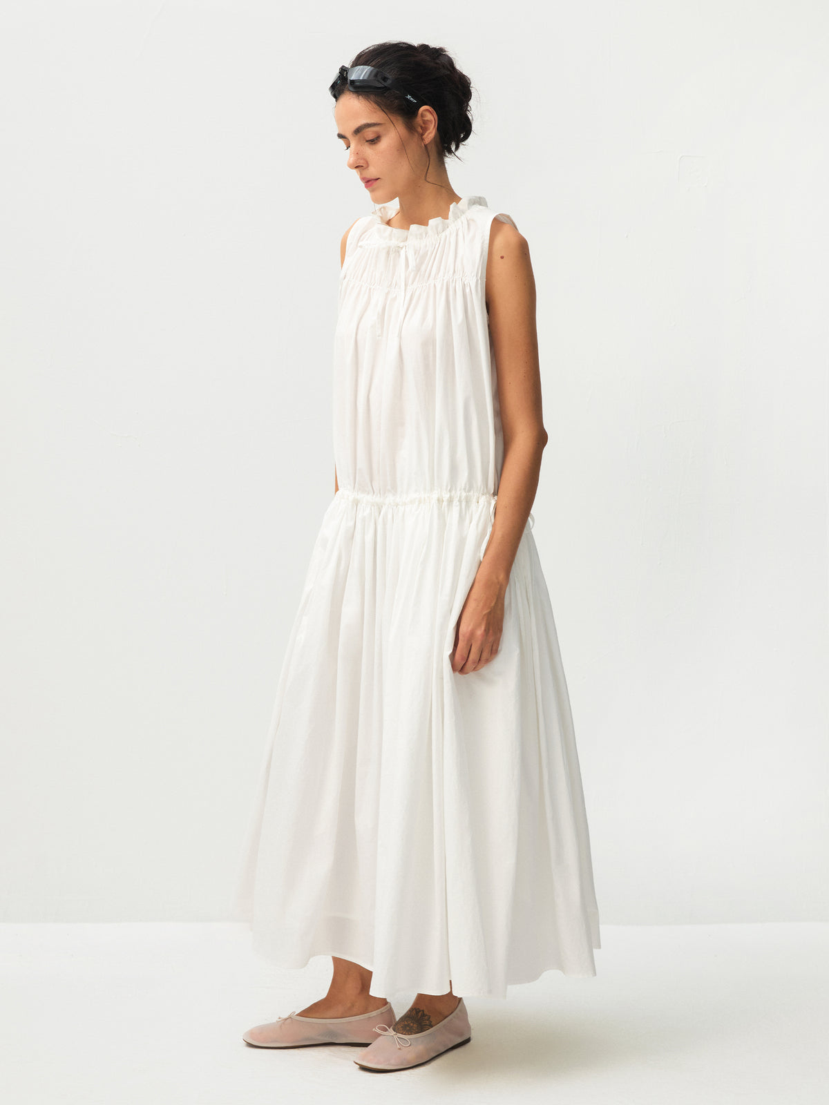 CUBIC 100% Cotton Sleeveless Gathered Maxi Dress-4