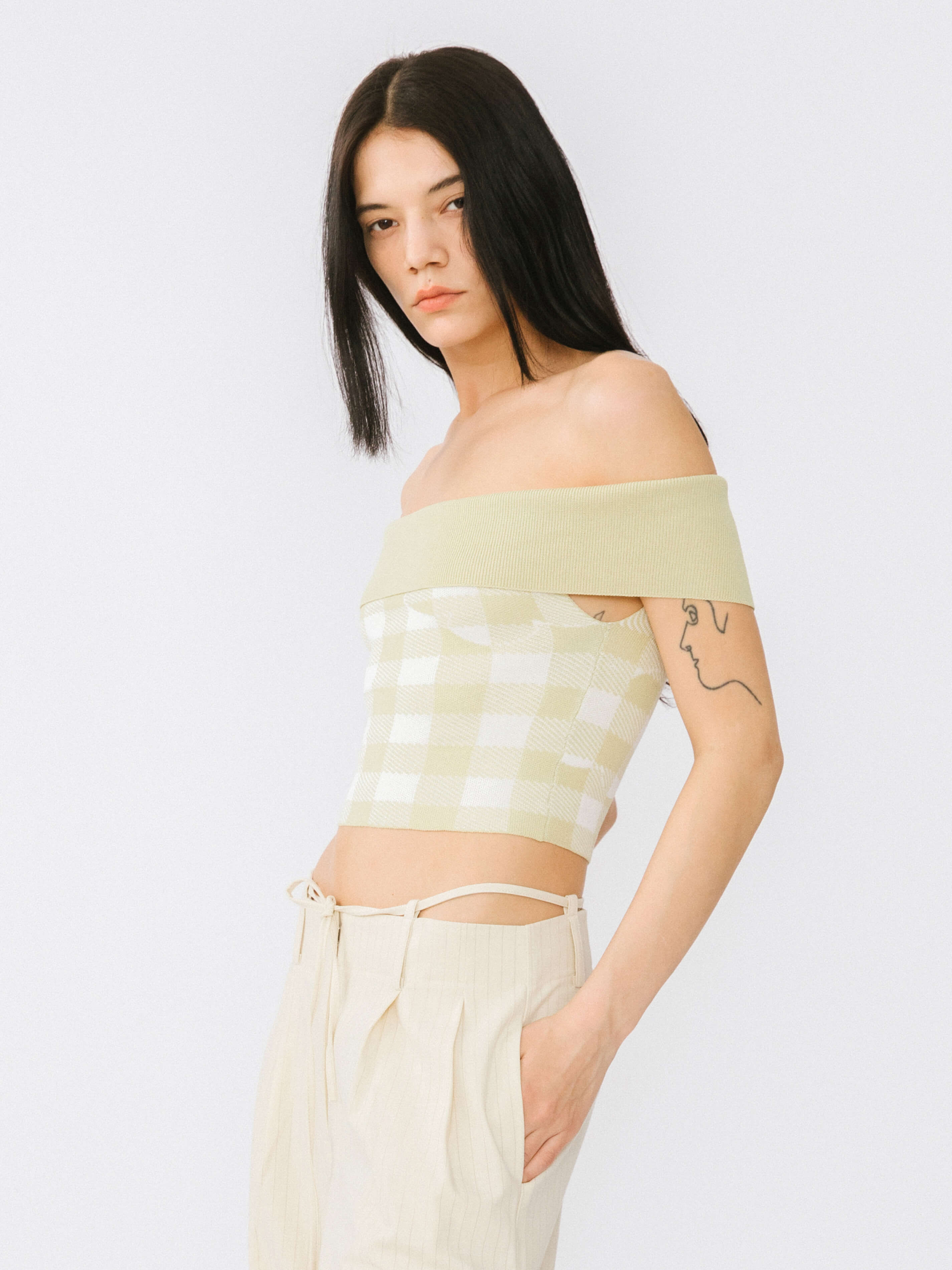 Off-Shoulder Checkered Knit Cami Top-4