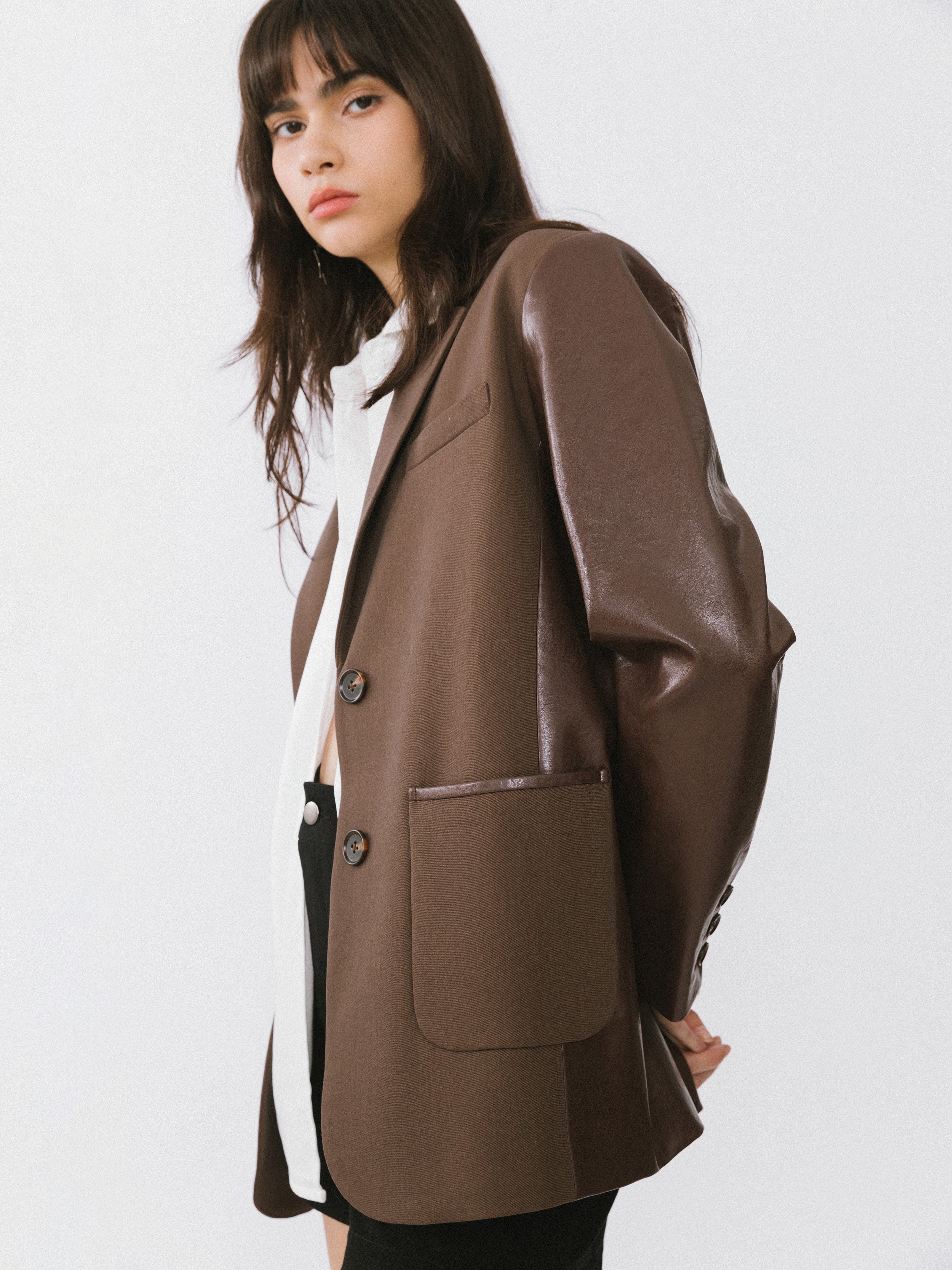 Faux Leather and Wool Oversized Blazer-5
