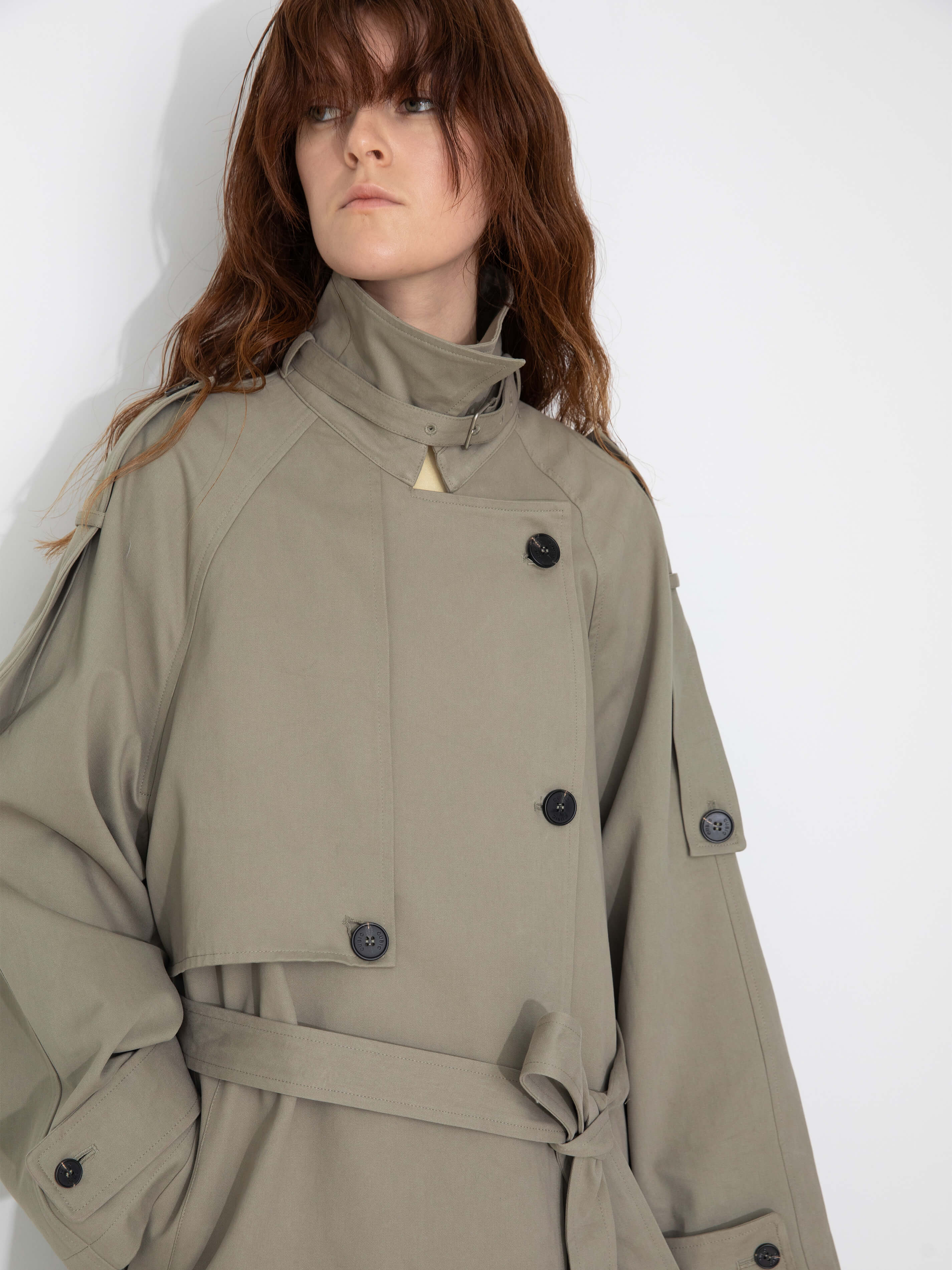 100% Cotton Oversized Mid-Length Raglan Sleeve Trench Coat-4
