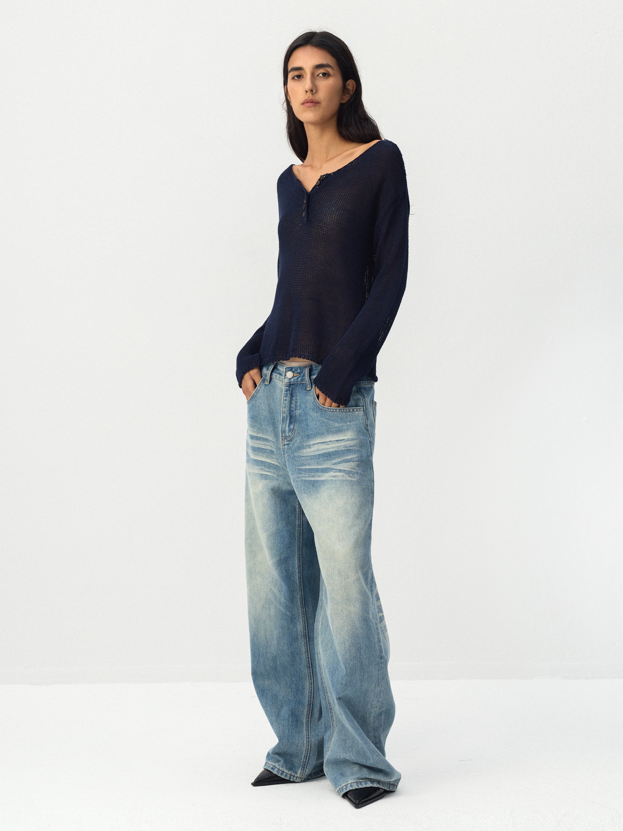 CUBIC Button Detail Open-Knit Top-4