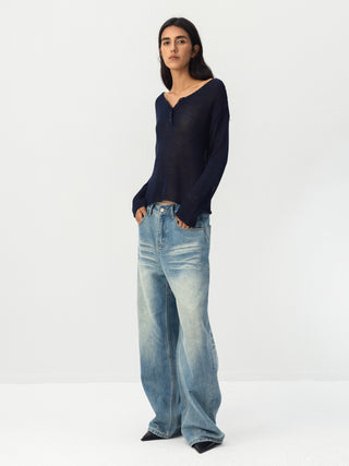 CUBIC Button Detail Open-Knit Top