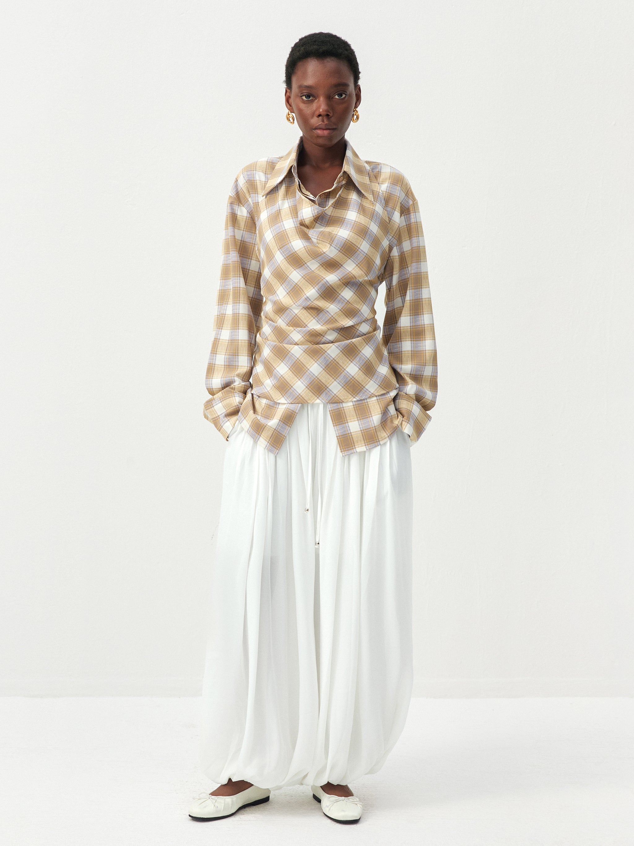 CUBIC Plaid Wrap-Effect Long Sleeve Blouse-4