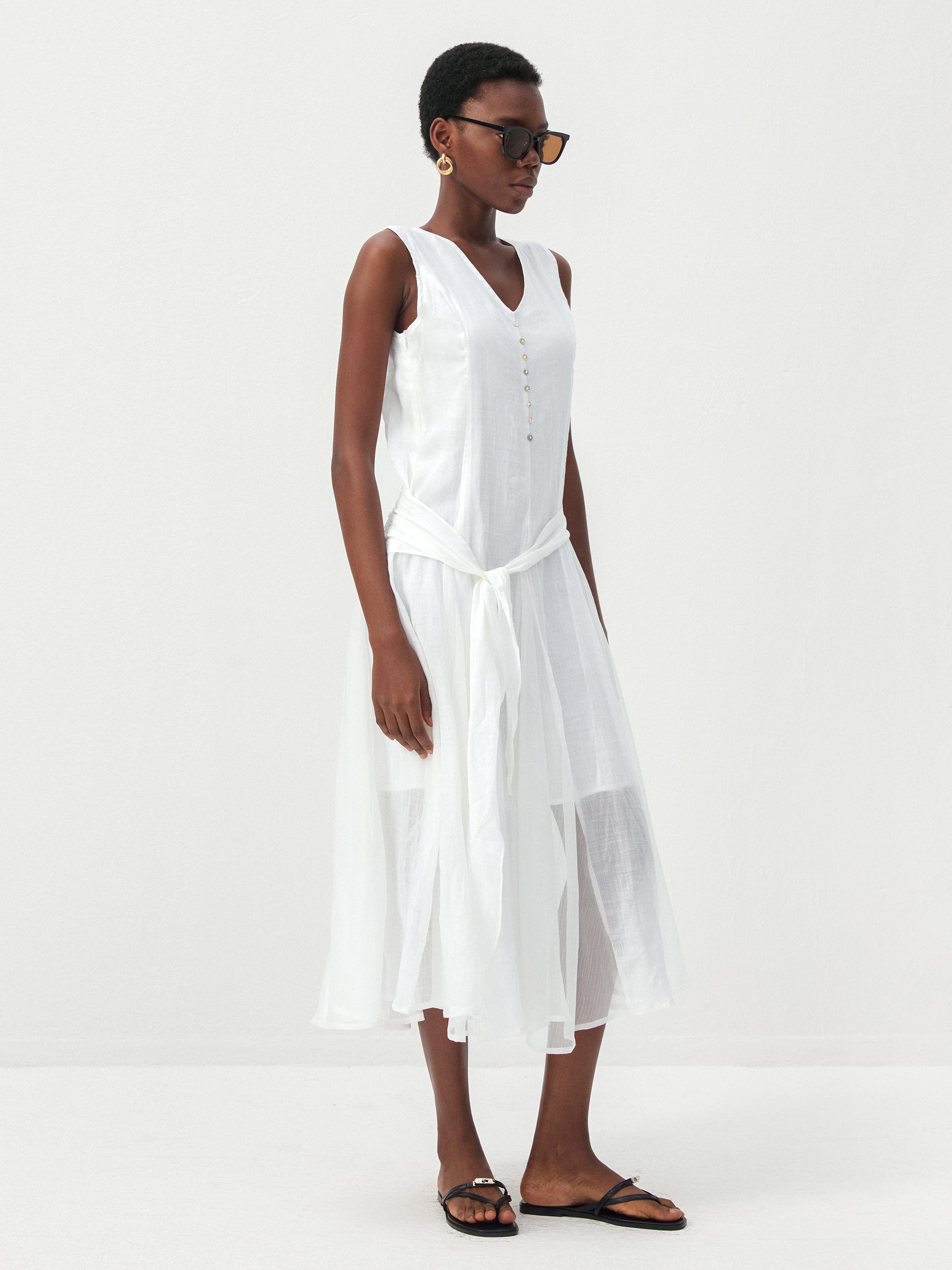 CUBIC Ramie & Chiffon Two-Piece Belted Midi Dress-4