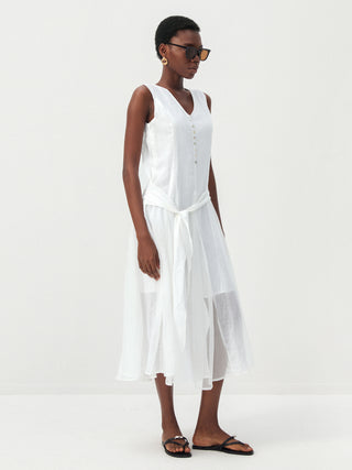 CUBIC Ramie & Chiffon Two-Piece Belted Midi Dress