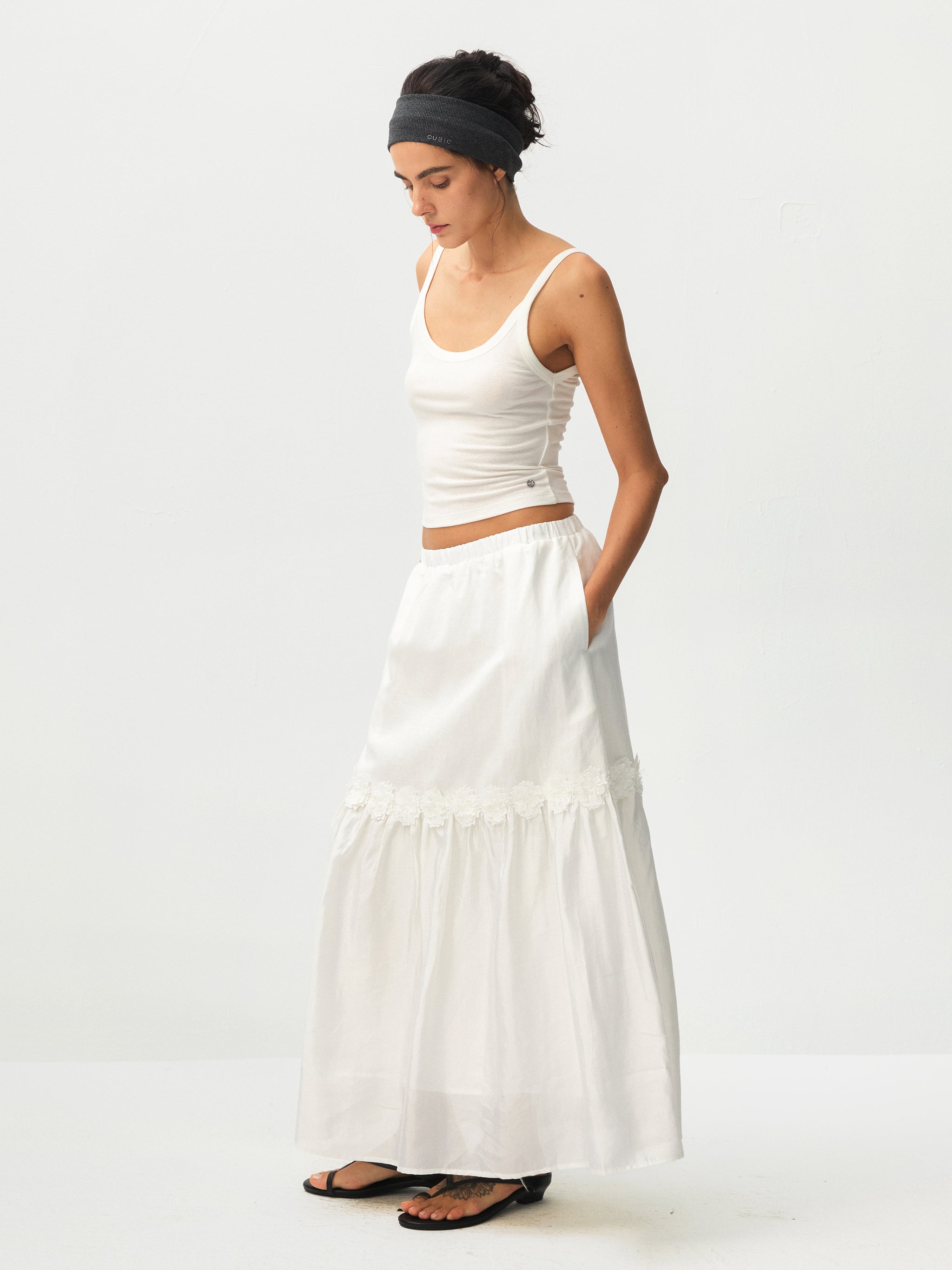 CUBIC Floral Appliqué Tiered Maxi Skirt-4