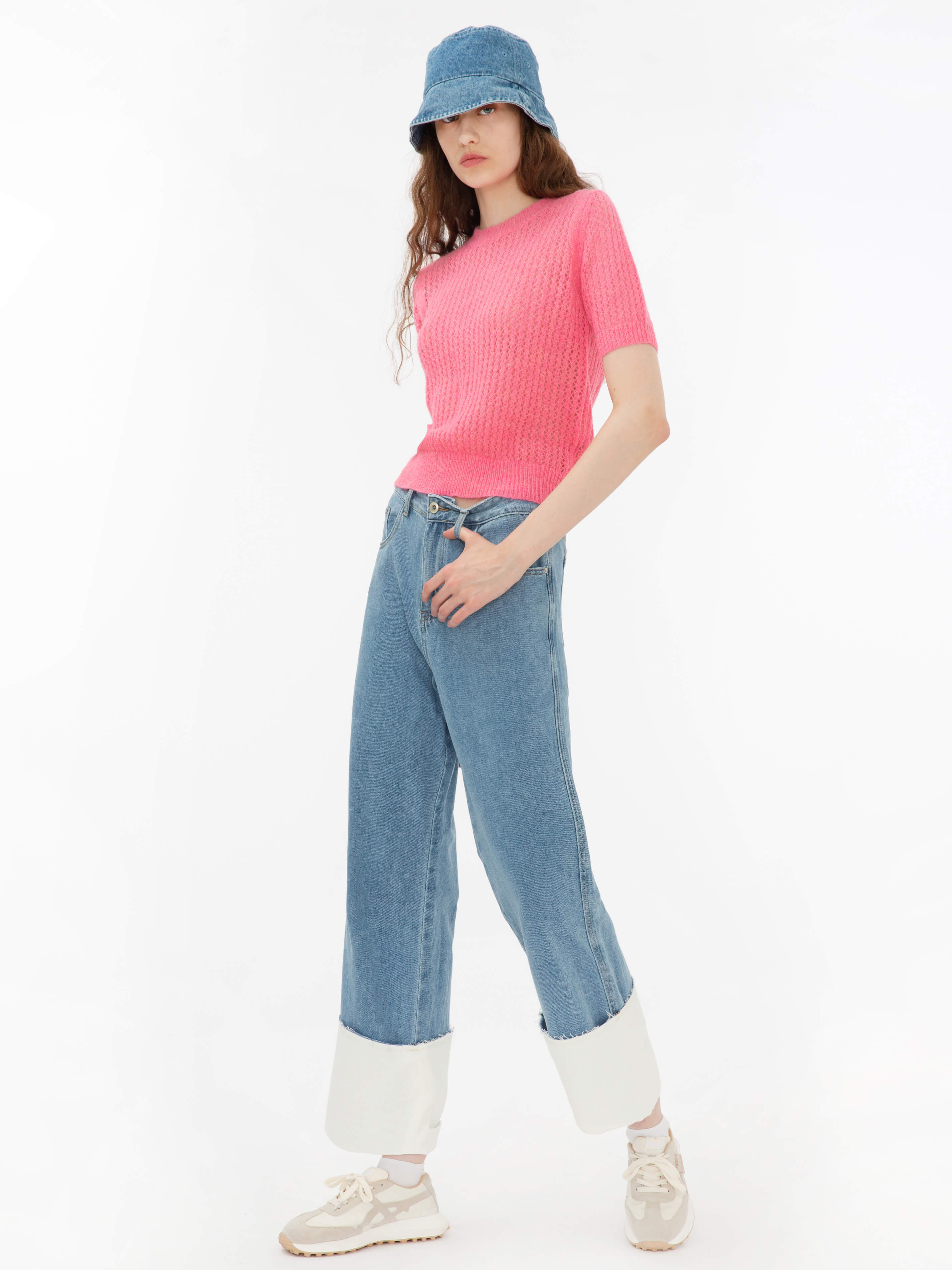 Blue and White Turn-Up Jeans-4