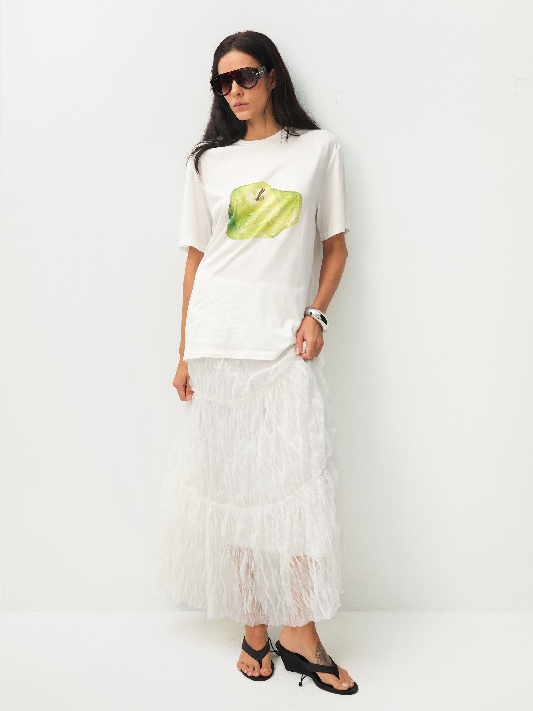 White Wavy Draped Midi Skirt-4